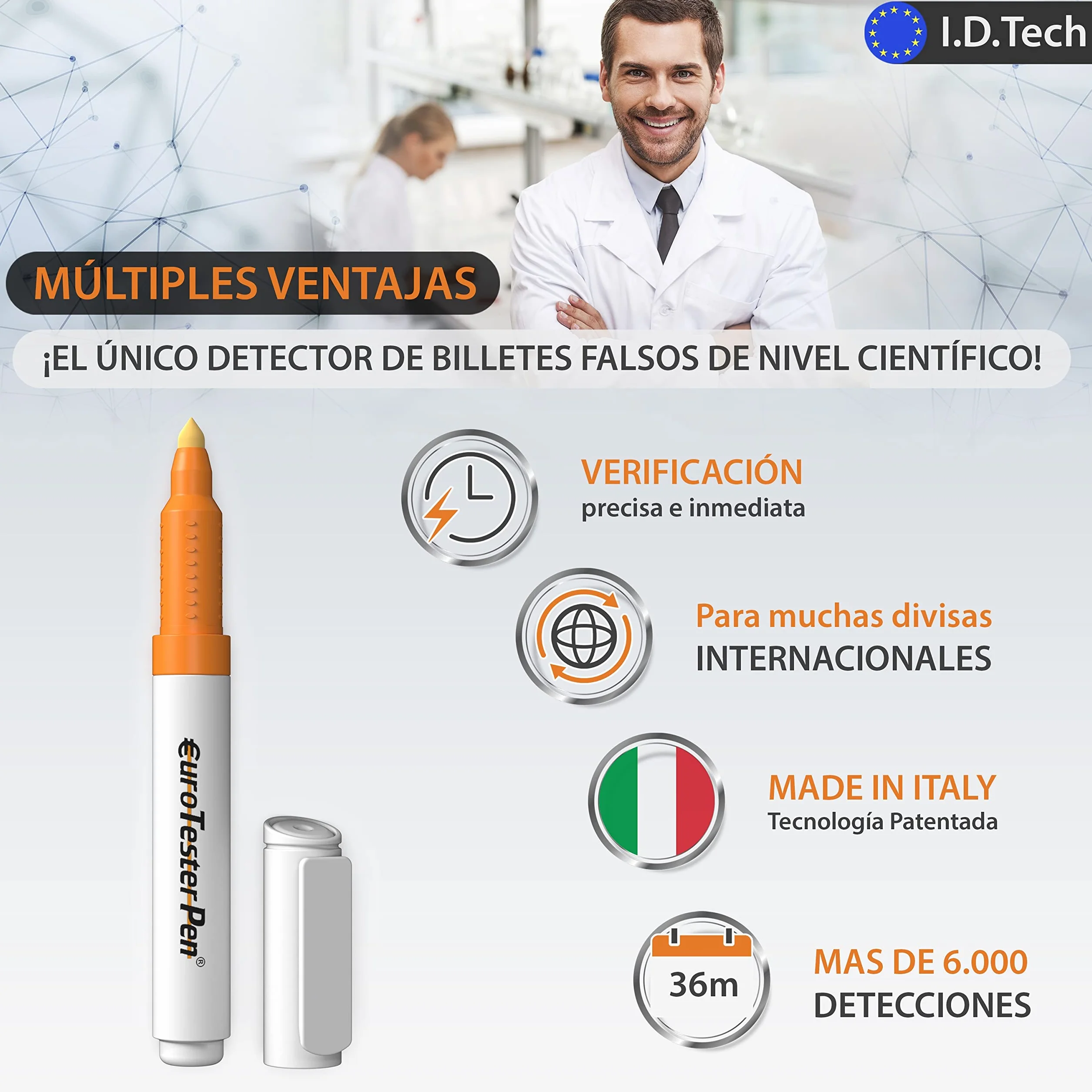 EURO TESTER PEN XL - Profesional Detector Billetes Falsos, Rotulador para Euro Dolar Libras y Monedas Internacionales, Original Made in Italy