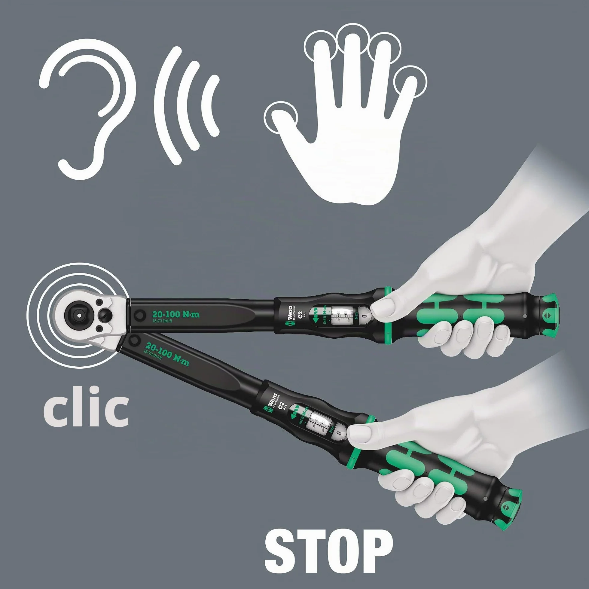Wera Click-Torque C 2 Push R/L Llave dinamométrica para apriete a derecha e izquierda, 1/2", 20-100 Nm