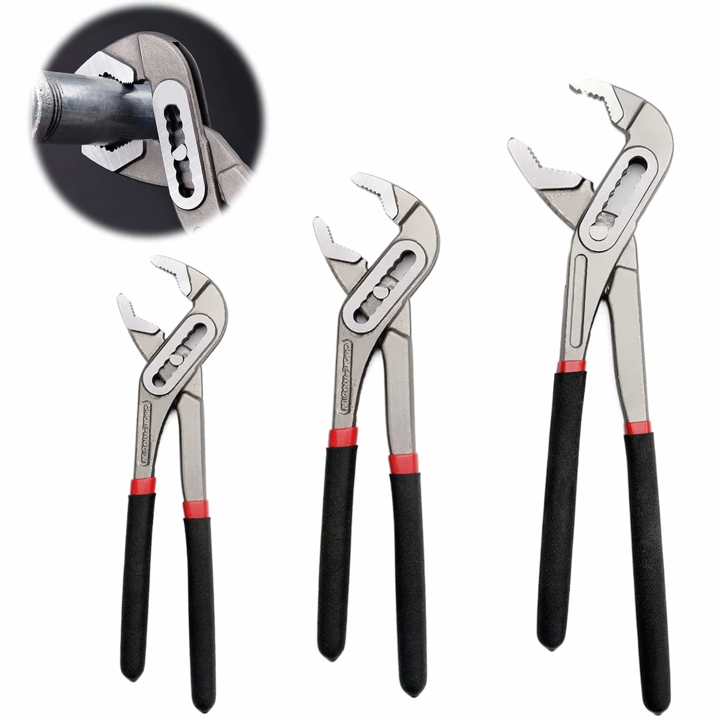 3 piezas Juego de Alicates de Bomba 200/250/300 mm, Alicates Pico Loro, Ajustable en 7 Posiciones, Alicates Extensibles, para Bombas, Reparación de Tuberías(8/10/12 inch)