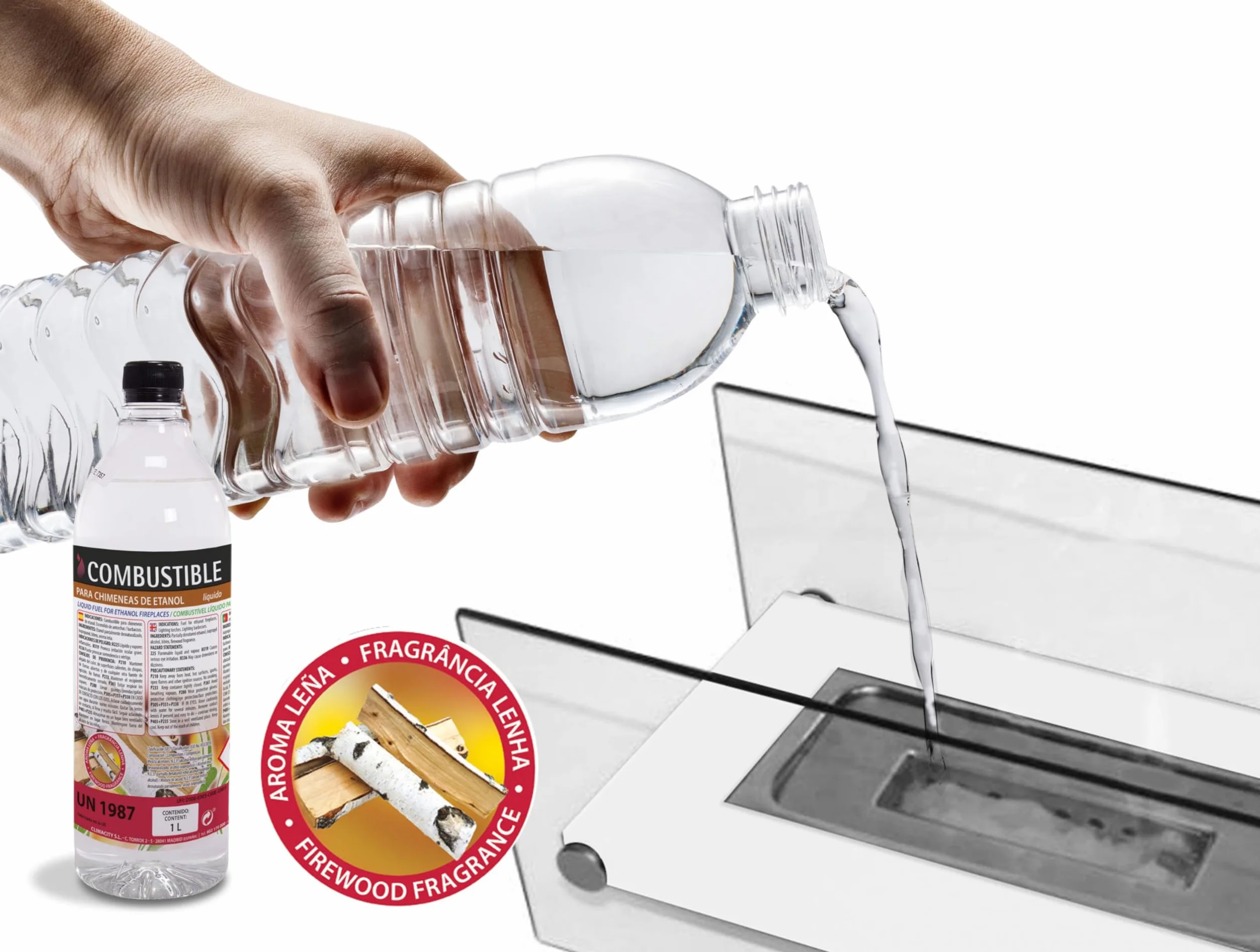 PUR LINE | Combustible etanol vegetal aroma a madera biochimeneas, caja 12 botellas 1L - Combustible Etanol Ecológico, sin humo, elimina olores y recrea ambiente chimenea leña
