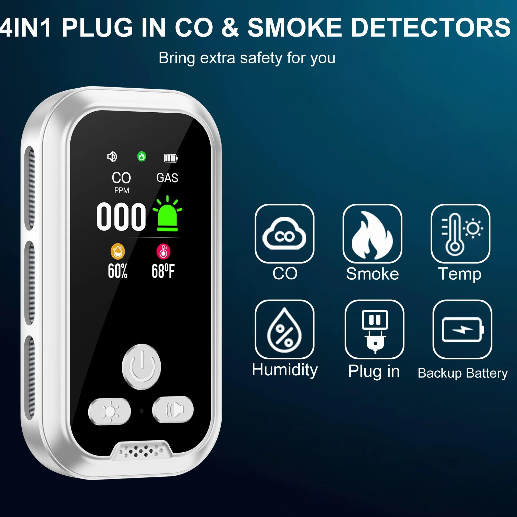 Plug in 4in1 Detector de Humo & Monoxido de Carbono Combinación con Batería de Respaldo 2000mAh 2.1‘’ HD Pantalla [CO Humo Humedad Temperatura Sensores] para de Casa (DH11-CS, Blanco)