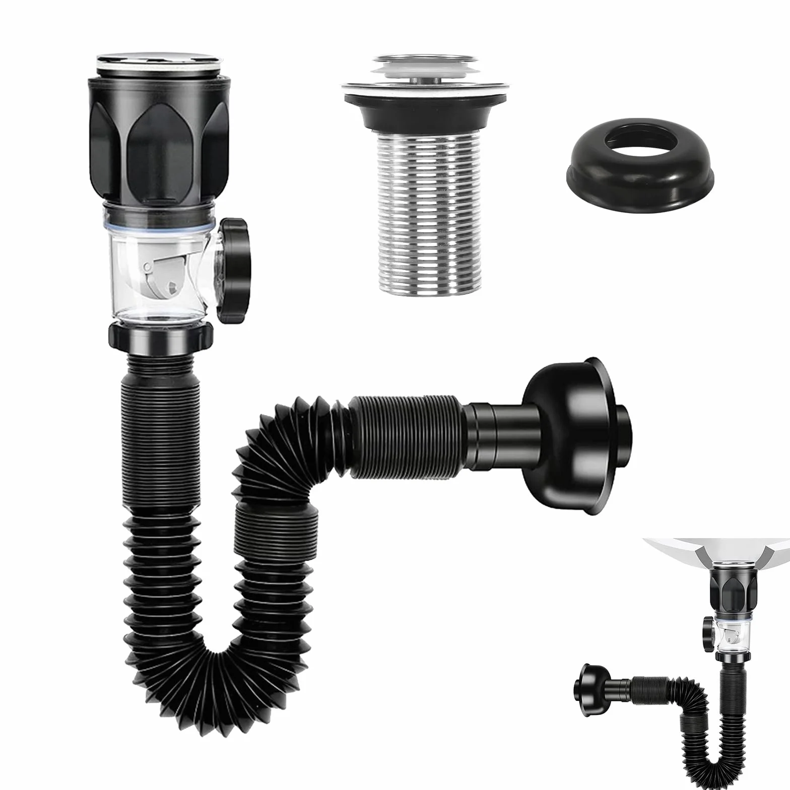Sifón Lavabo Flexible Kit con Manguera de Drenaje Retráctil y Tapón para Baño y Cocina