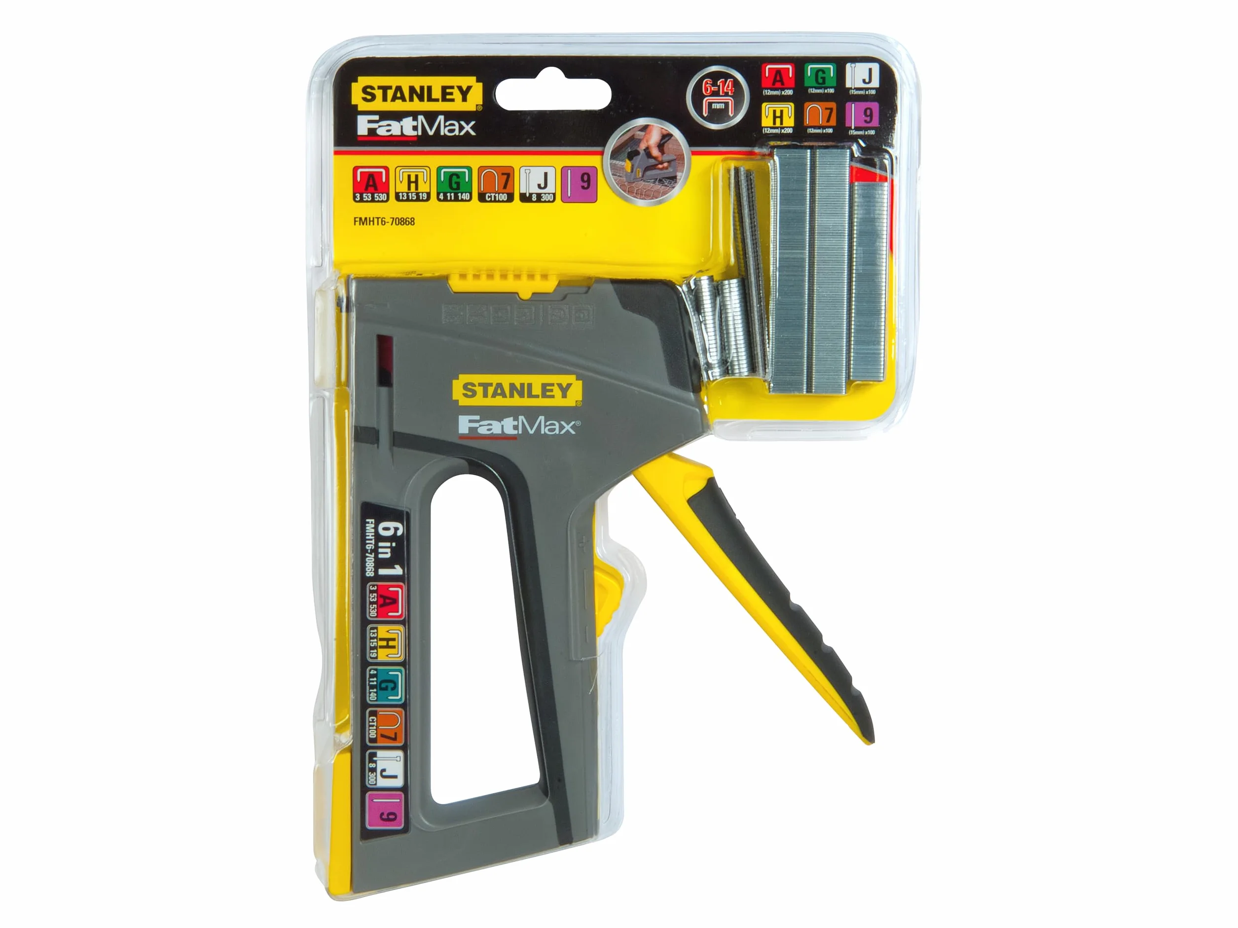 STANLEY FATMAX Grapadora 6 en 1, Compacta, Fácil Carga de Grapas, Cuerpo de Abs Reforzado, Intensidad Variable, Mango de Agarre Suave, Acepta 6 Tamaños de Grapa -FMHT6-70868