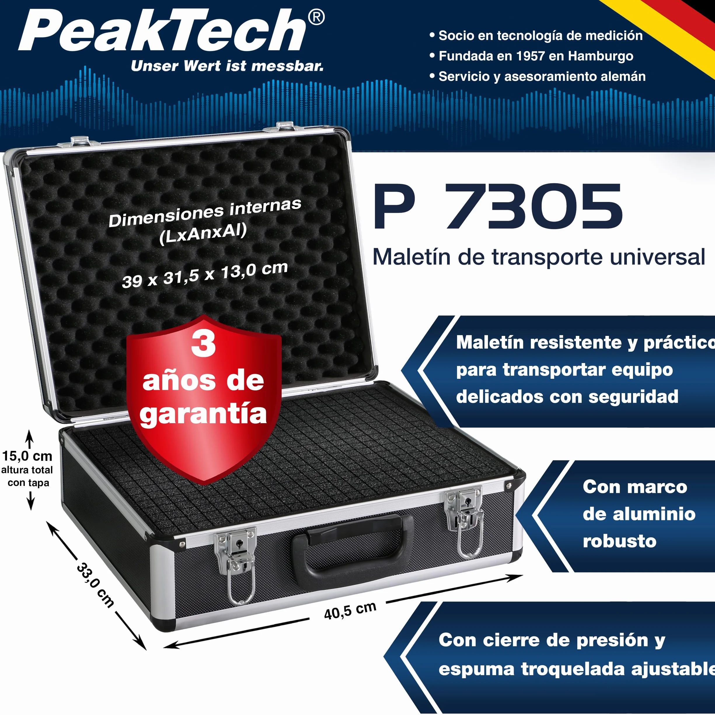 PeakTech 7305 – Estuche universal para dispositivos de medición, robusto, almacenamiento de herramientas, relleno de espuma, con cerradura, protección contra el polvo, L - 405 x 330 x 150 mm