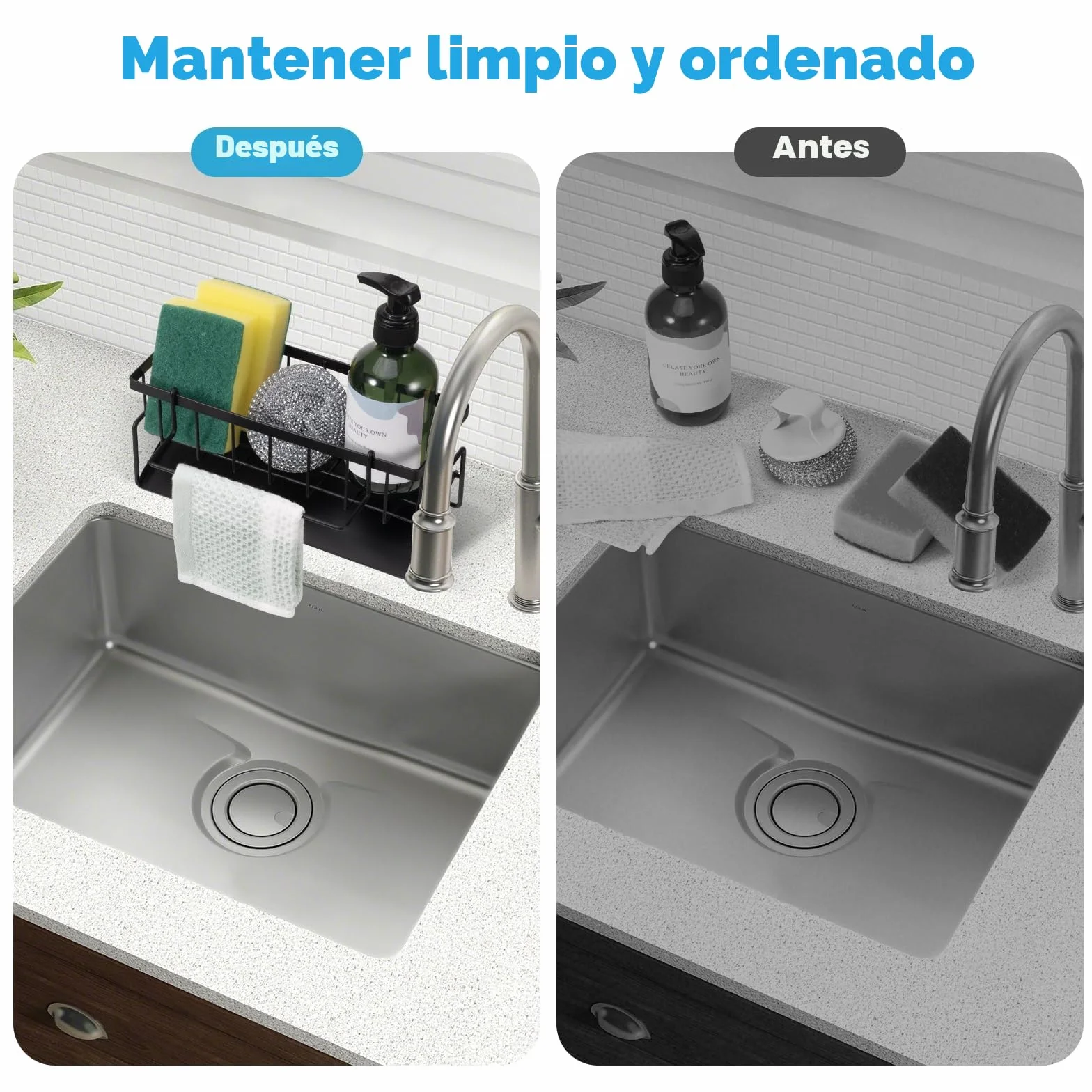 Caja de almacenamiento para fregadero de cocina, organizador para fregadero, estante de almacenamiento multifuncional, color negro, adecuado para almacenamiento de cocina y baño