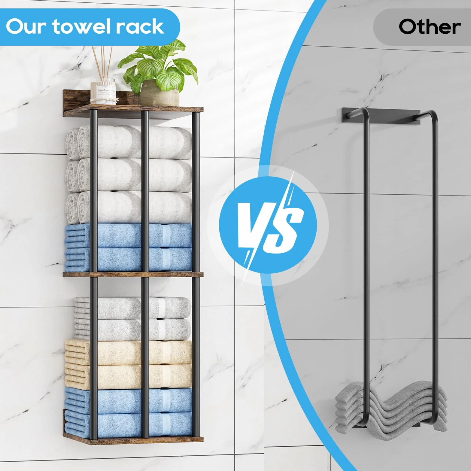 Soporte para Toallas de Pared con Estante de Madera - Organizador de Baño con 3 Barras, Gran Capacidad y Fácil Instalación - Ideal para Toallas Enrolladas - Marrón