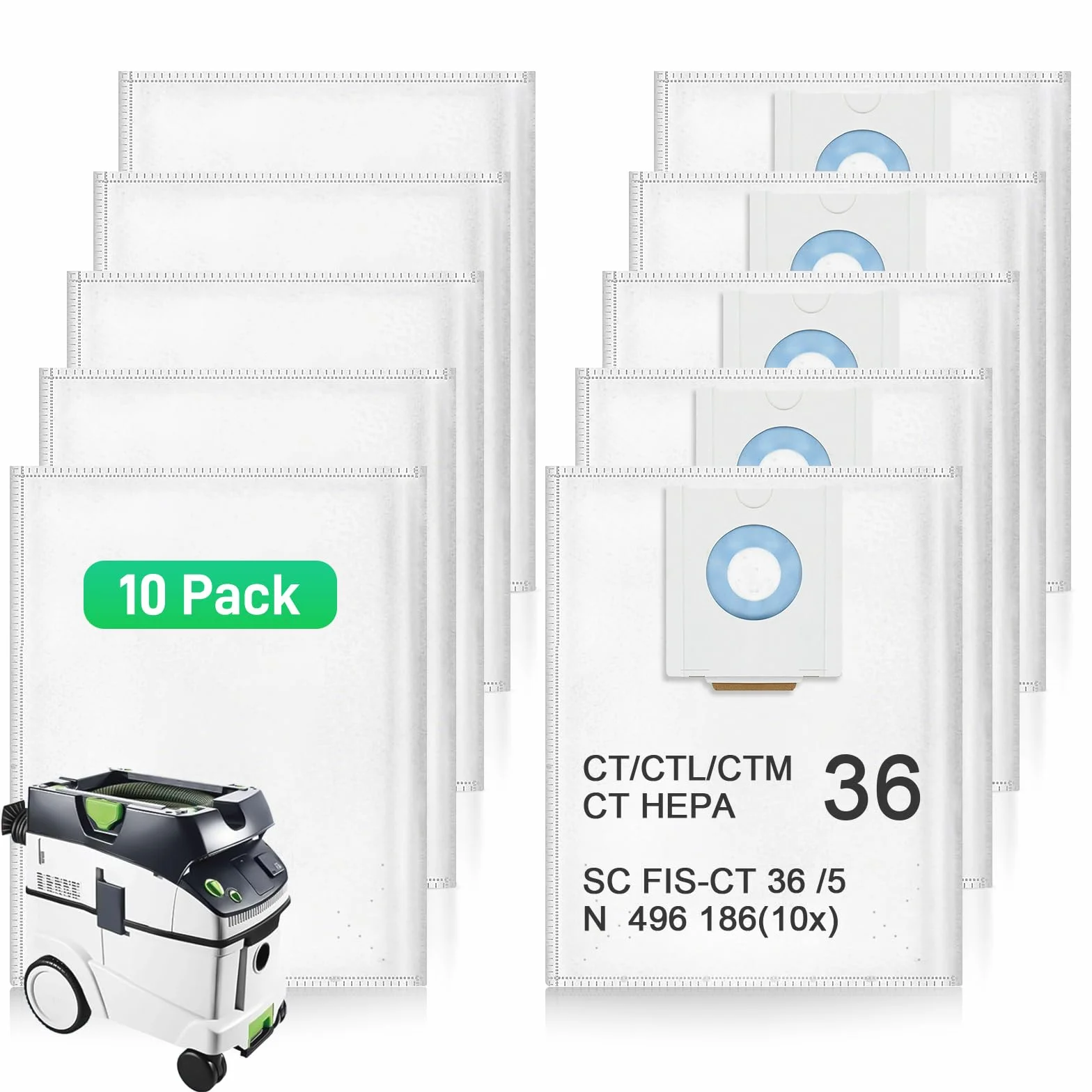 Paquete de 10 bolsas de filtro 496186 para Festool CT 36/CTM 36E/CTL 36E Cleantec Series | Bolsa de polvo para aspiradora Festool SC FIS-CT 36/5, bolsas desechables y de gran capacidad para extractor de polvo Festool