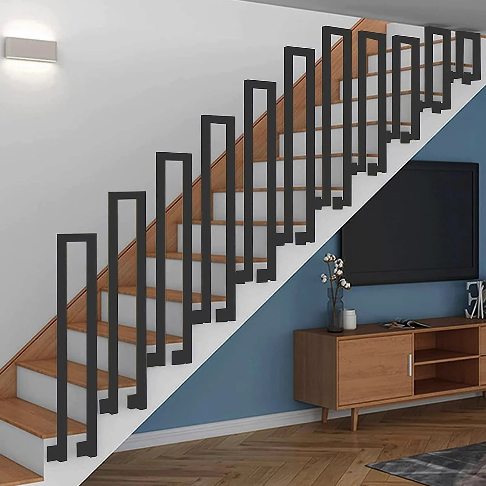 Barandilla Escalera Metal, Pasamanos Escalera Interior Exterior en Forma de U, Barandillas Escaleras U con Juego de Tornillos, para Villa ático Porche Pasillo Balcón (95cm, Negro-Lateral)