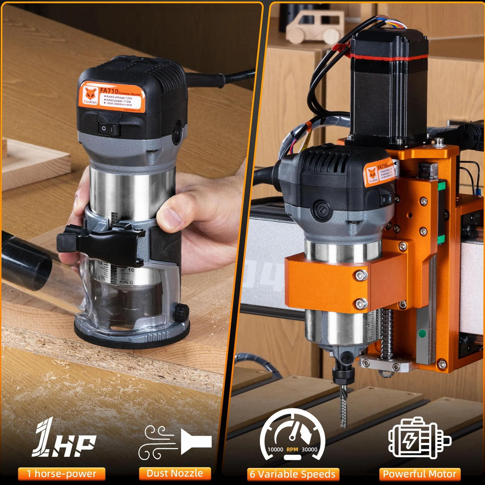 FoxAlien 1 HP 710 W 65 mm de diámetro compacto router de palma para fresadora CNC, 6 velocidades variables Max 30000 R/MIN recortadora de madera con colección de 1/4 pulgadas