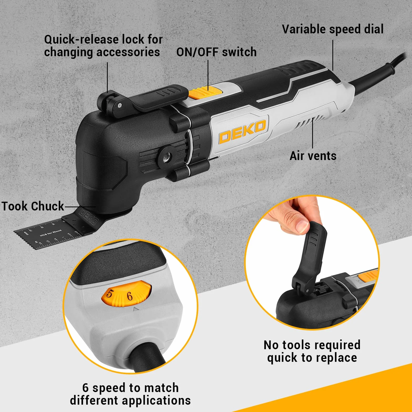 DEKOPRO Herramienta Multiherramienta oscilante de 300W, 15 000-22 000 rpm, Multitool Eléctrico con Cable, Control de 6 Velocidades, Incluye 20 Hojas de Lija, Apto para Madera, Plástico y Metal