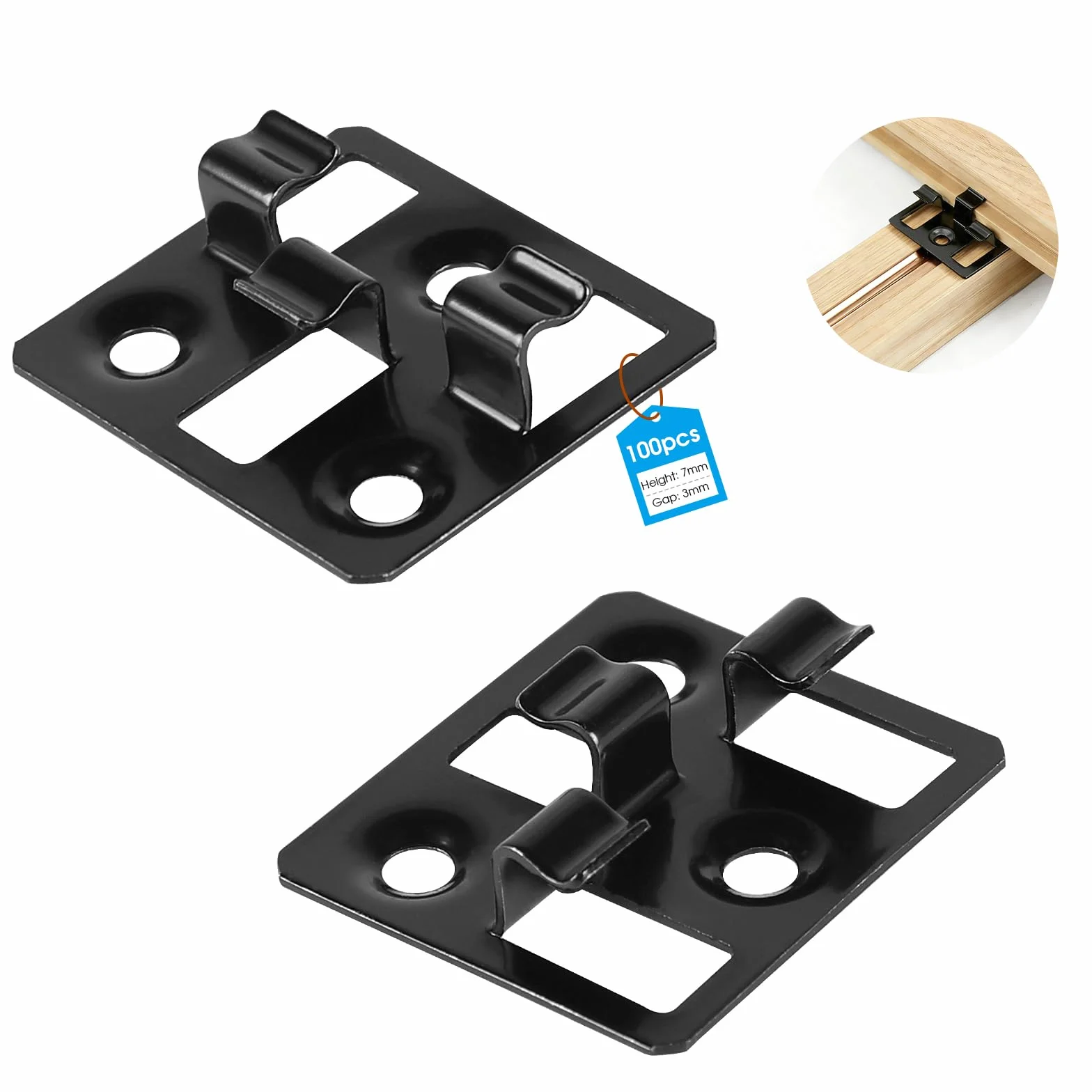 100 unidades Clips para tarimas WPC en acero inoxidable, Clips ocultos, Separadores para fijación de tarimas (Negro, Espacio 3mm, Altura 7mm)
