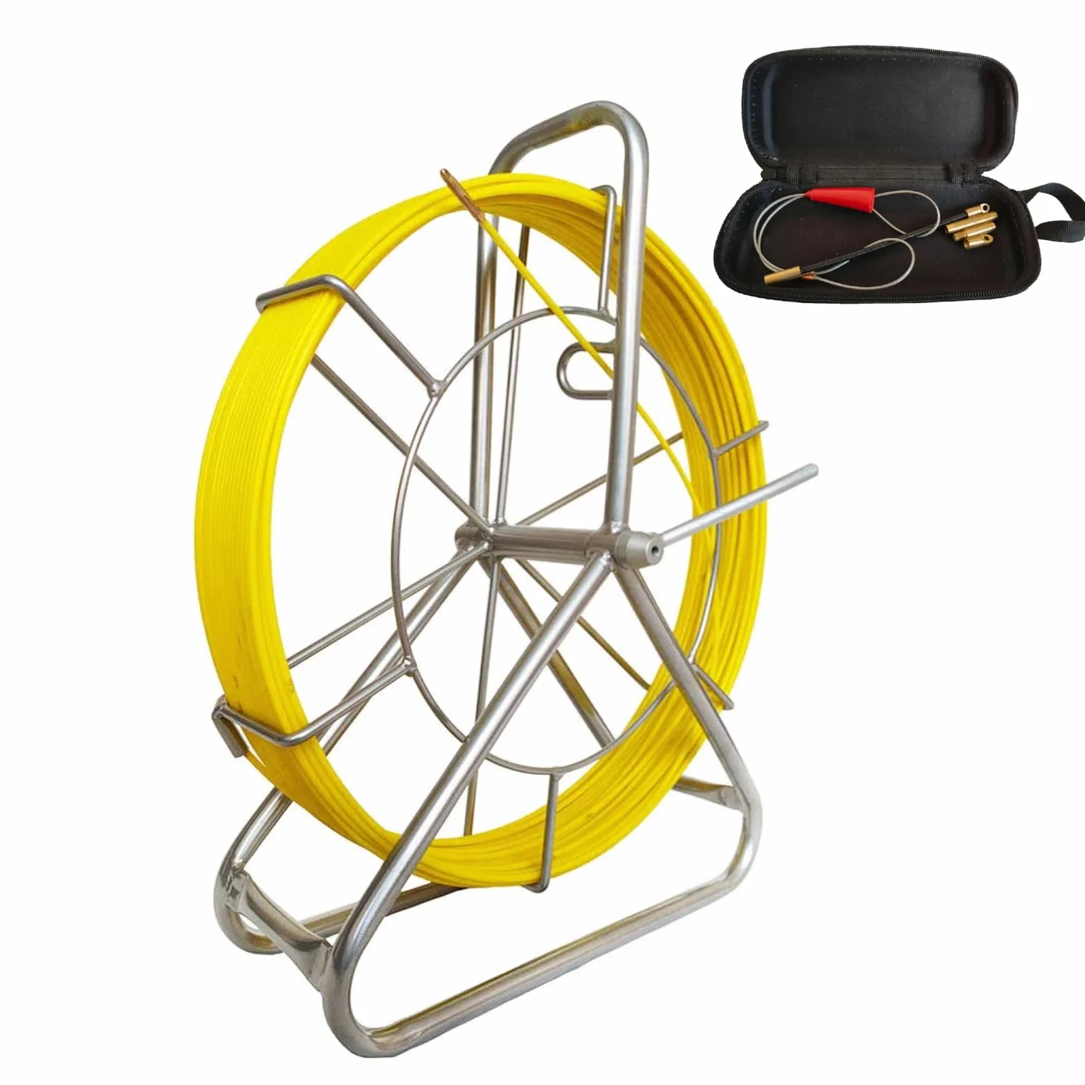 Varilla de fibra de vidrio, 100 m, diámetro de 4,5 mm, incluye carrete de acero, banda de pescado, cable de fibra de vidrio, rueda de acero inoxidable 304, banda de pescado, tubo, trineo