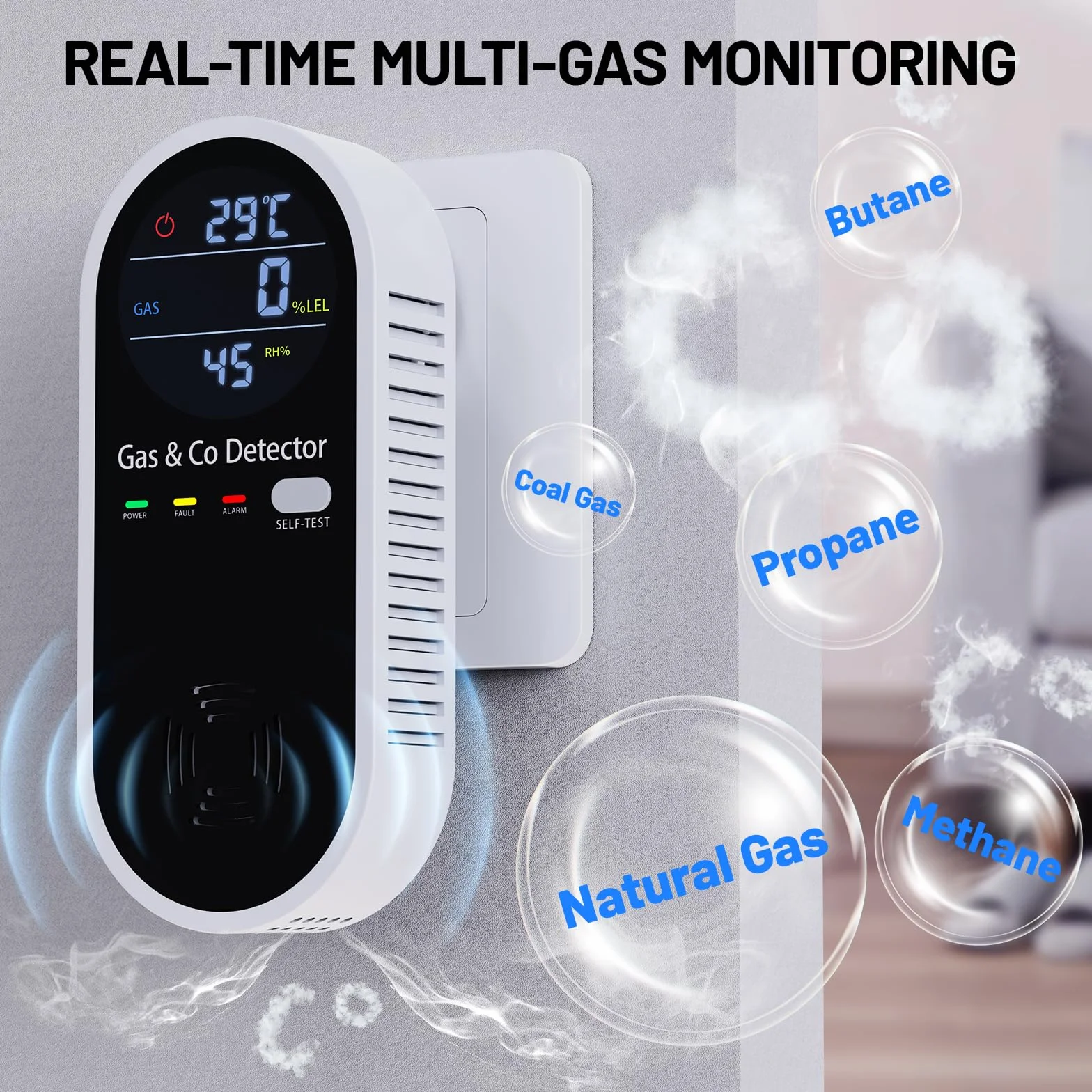 Detector Monóxido de Carbono y Gas 4 en 1 con Alarma acústica y Visual, Mide CO, Temperatura, Humedad y Gases, con función de autotest, Ideal para salón, Dormitorio, sótano, Oficina, YOJOCK