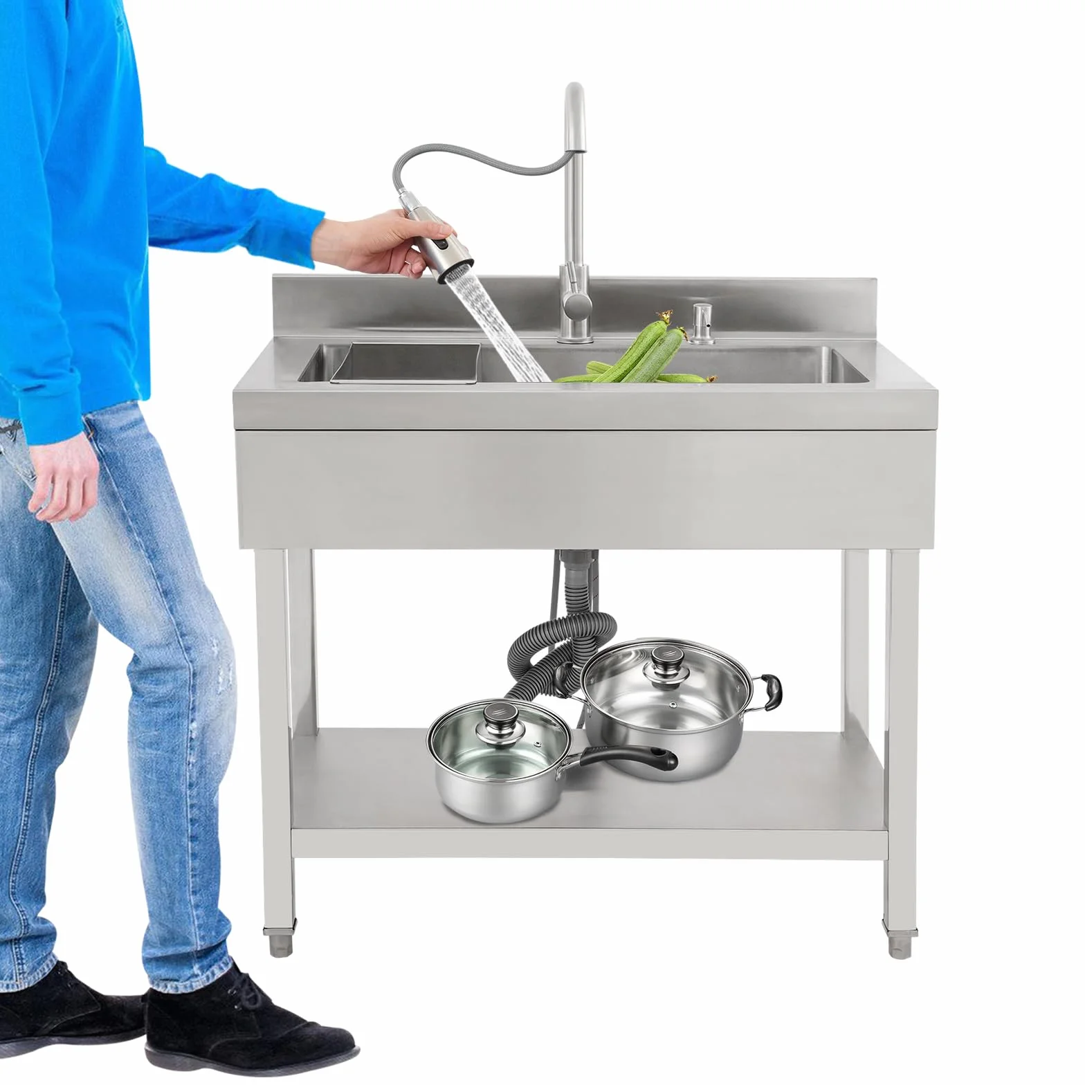 Fregadero de cocina de acero inoxidable independiente, 1 lavabo, fregadero de cocina comercial con grifo con mangueras de agua fría y caliente, fregadero para exteriores, para garaje, lavandería