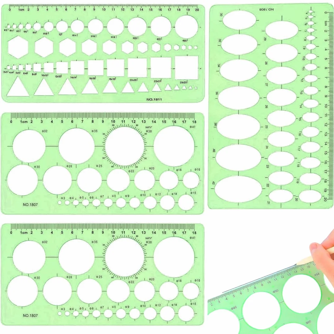 Plantillas Para Dibujar, Plantilla Círculos, Reglas Dibujo Técnico, Plantilla Elipses Isométricas, para Medir Reglas Círculo Geométrico Plantillas de Dibujo 4pcs (Verde Transparente)