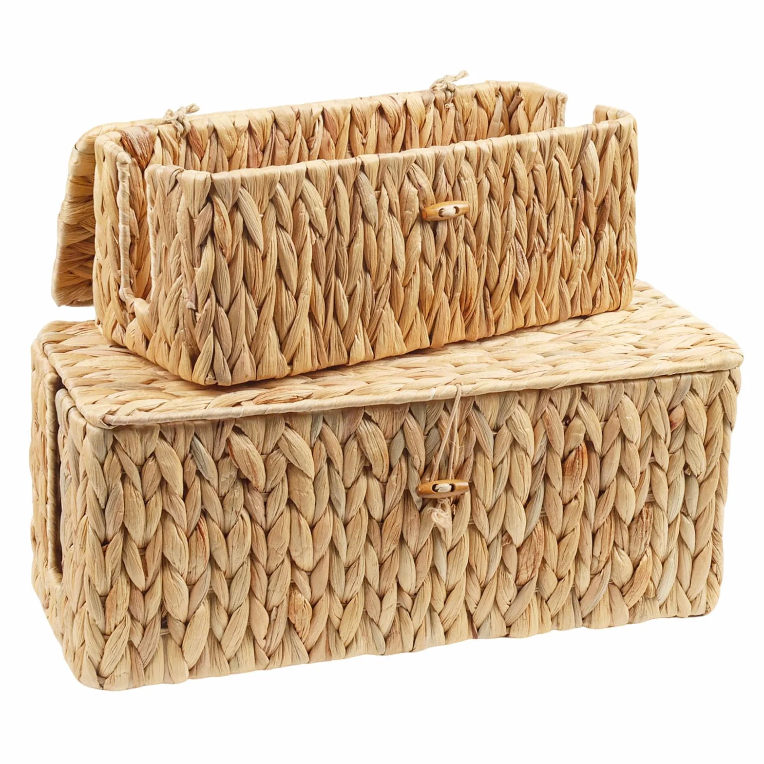 Caja de 2 cables, caja de gestión de cables de jacinto de agua trenzada natural, caja organizadora de cables debajo del escritorio con tapa de bambú, almacenamiento de cables con apertura