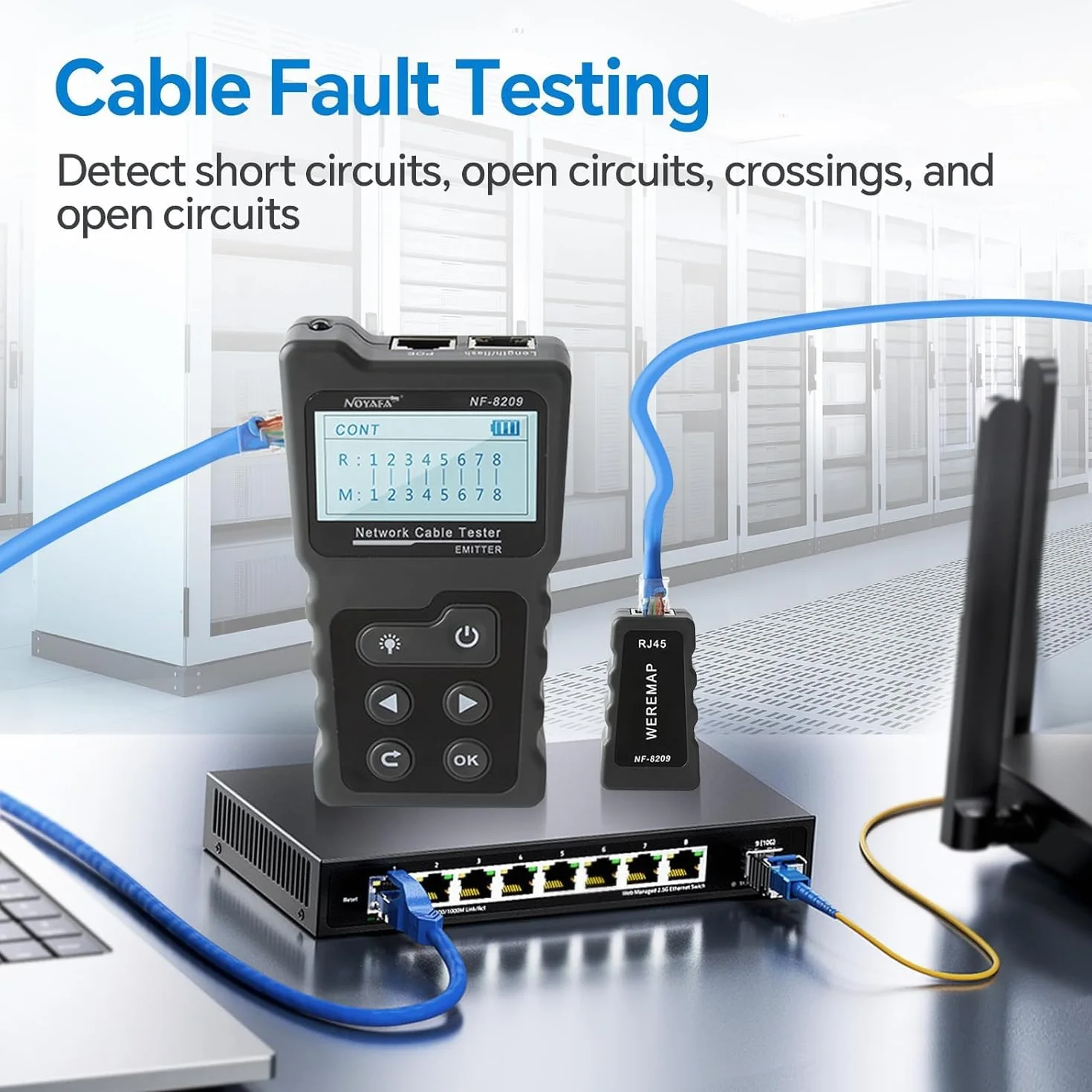 NOYAFA NF-8209 Probador Cables de Red Ethernet - Localizador y Medidor de Longitud para Cat5/Cat6, Rastreador Multifunción con Prueba PoE, Detección de Fallos y Parpadeo de Puertos