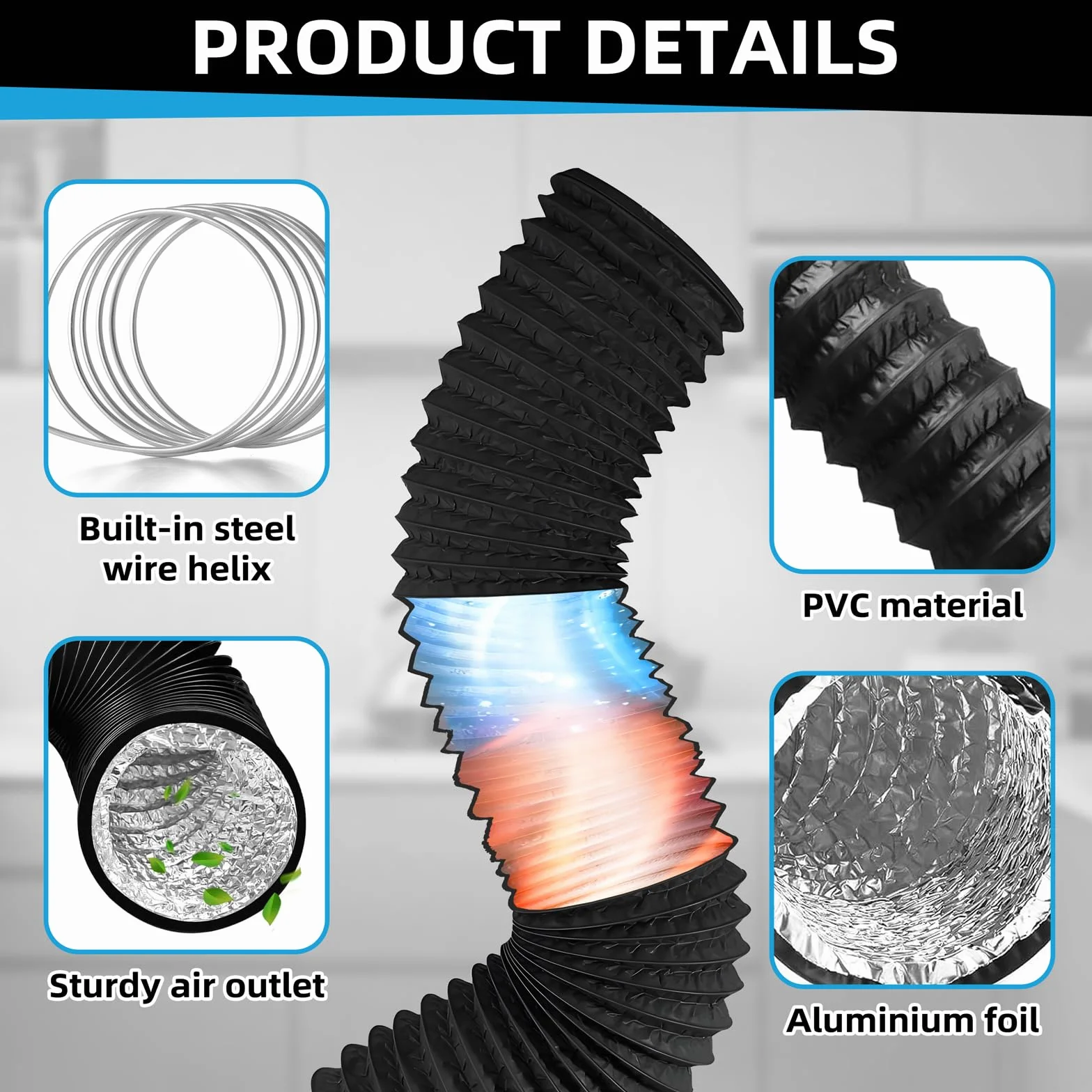 Tubo Flexible Campana Extractora de 100mm: 2m Manguera de Ventilación de Aluminio y PVC, Tubo Flexible de Salida de Aire con 2 Abrazaderas de Acero Inoxidable para Climatización Secadora (Blanco)