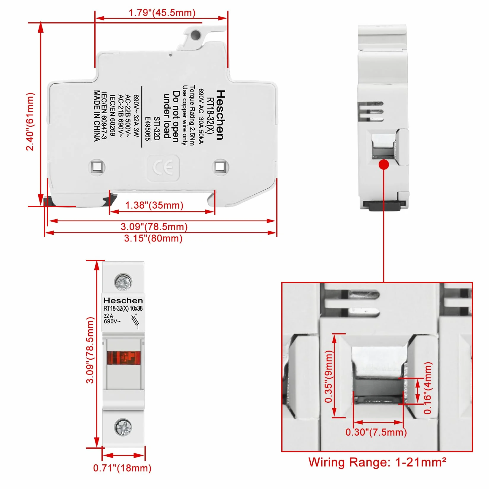 Heschen Base de portafusibles cilíndrico RT18-32(X) 32A AC690V 1P DIN montaje en riel para RT18 RO15 10 x 38 mm fusible con certificación CE