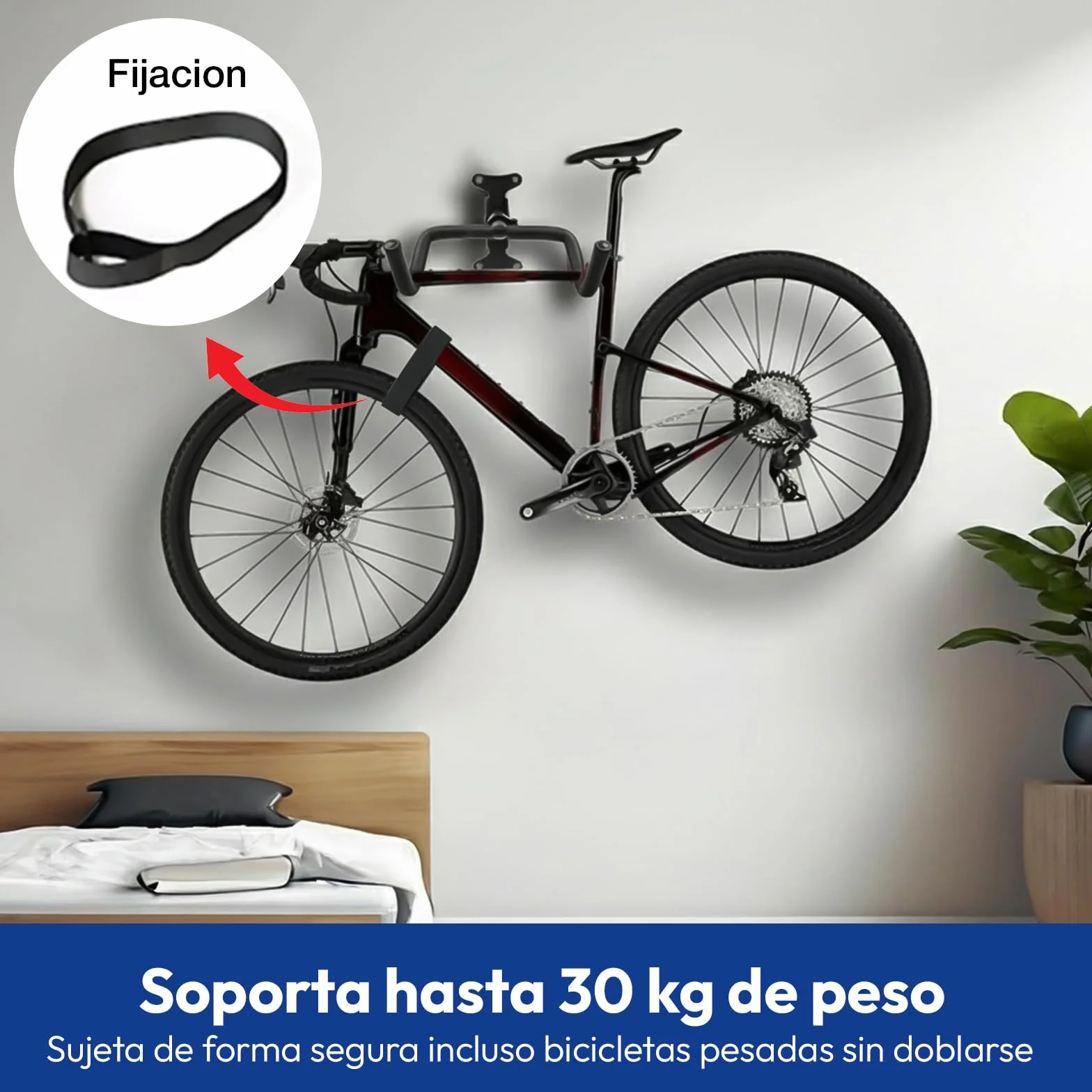 Samos® Soporte Bicicletas Pared Plegable – Colgador de Bicicleta de Universal con Ganchos Revestidos y Estructura de Acero – Soporte Pared Bicicleta Ajustable para Montaña, Carretera o Paseo