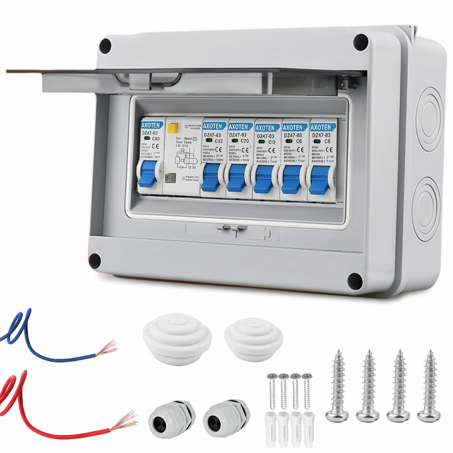 Caja de fusibles, resistente al polvo, IP65: disyuntor Nizirioo 63A con línea, interruptor de aire 2 x 6A+10A+20A+32A, distribuidor pequeño para jardín exterior