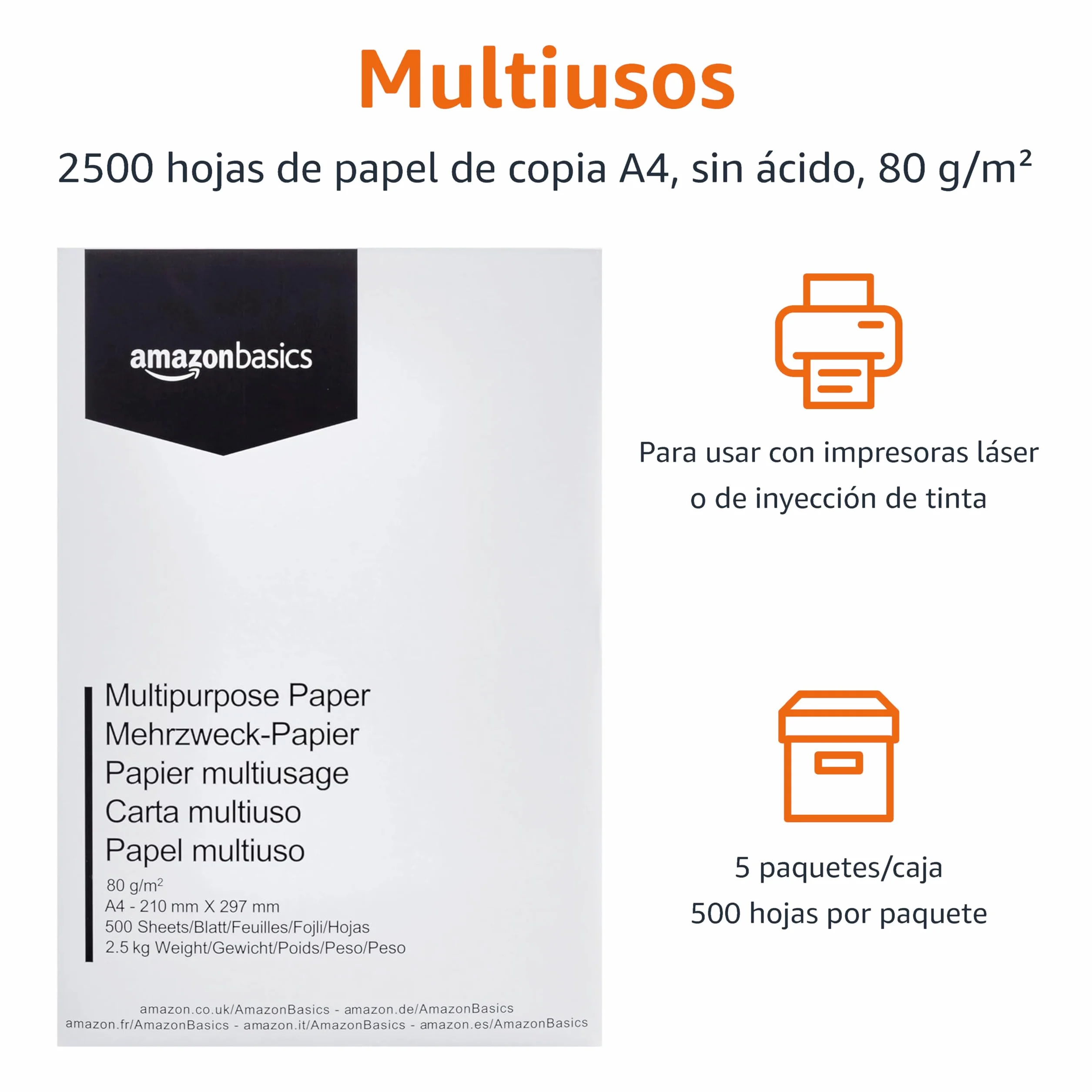 Amazon Basics Papel multiusos A4 80gsm 2500 Unidad Blanco