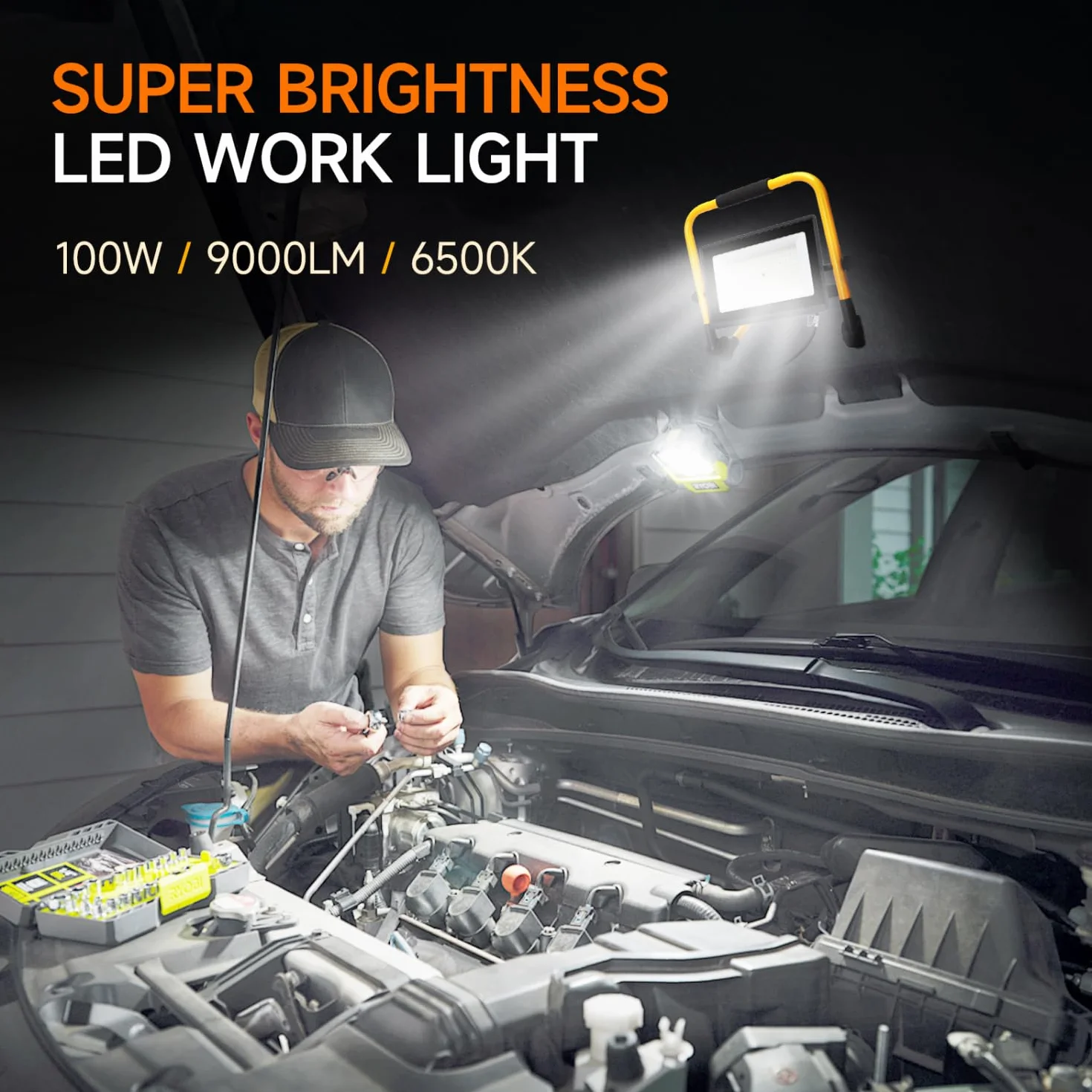 Aigostar Foco de Trabajo LED 100W,9000LM,Foco LED Portátil con Cable de 4M,Enchufes Con Interruptor Estanco,IP65 Impermeable,Soporte plegable,Uso en Interior y Exterior,para Obra, Taller,6500K