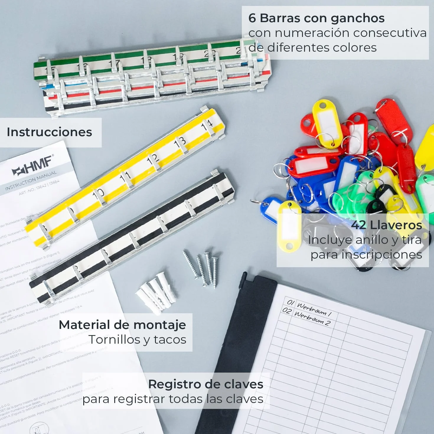 HMF 13642-07 Armario para llaves con código numérico, caja para llaves grande, 42 ganchos, 35 x 27 x 8 cm, gris claro