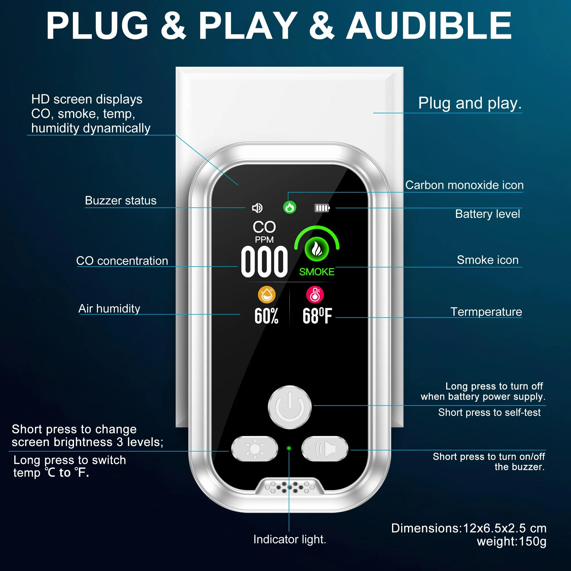 Plug in 4in1 Detector de Humo & Monoxido de Carbono Combinación con Batería de Respaldo 2000mAh 2.1‘’ HD Pantalla [CO Humo Humedad Temperatura Sensores] para de Casa (DH11-CS, Blanco)