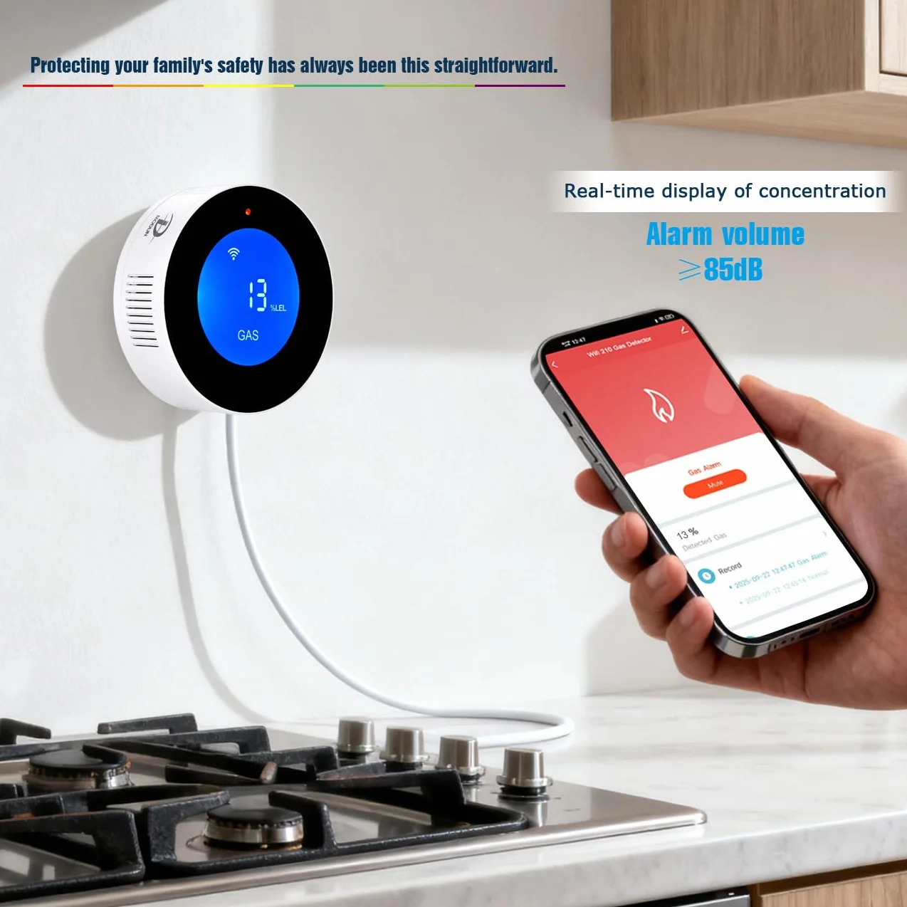 Detectores de Gas natural con WiFi, alarma portátil de fugas de gas compatible con aplicación inteligente, Tuya, sensor de gas metano con alarma de voz de 85 dB y alarma visual de concentración de gas