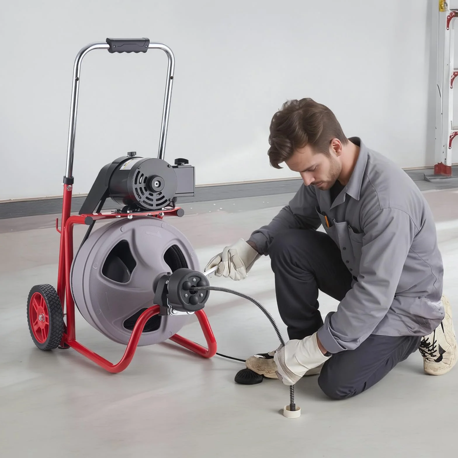 VEVOR Desatascador de Desagües Eléctrico 30 m x 9,5 mm, Máquina de Limpieza de Tuberías con Alimentación Automática, Tambor de Plástico, Limpiador de Tubos de Drenaje para Tuberías de 5-10 cm