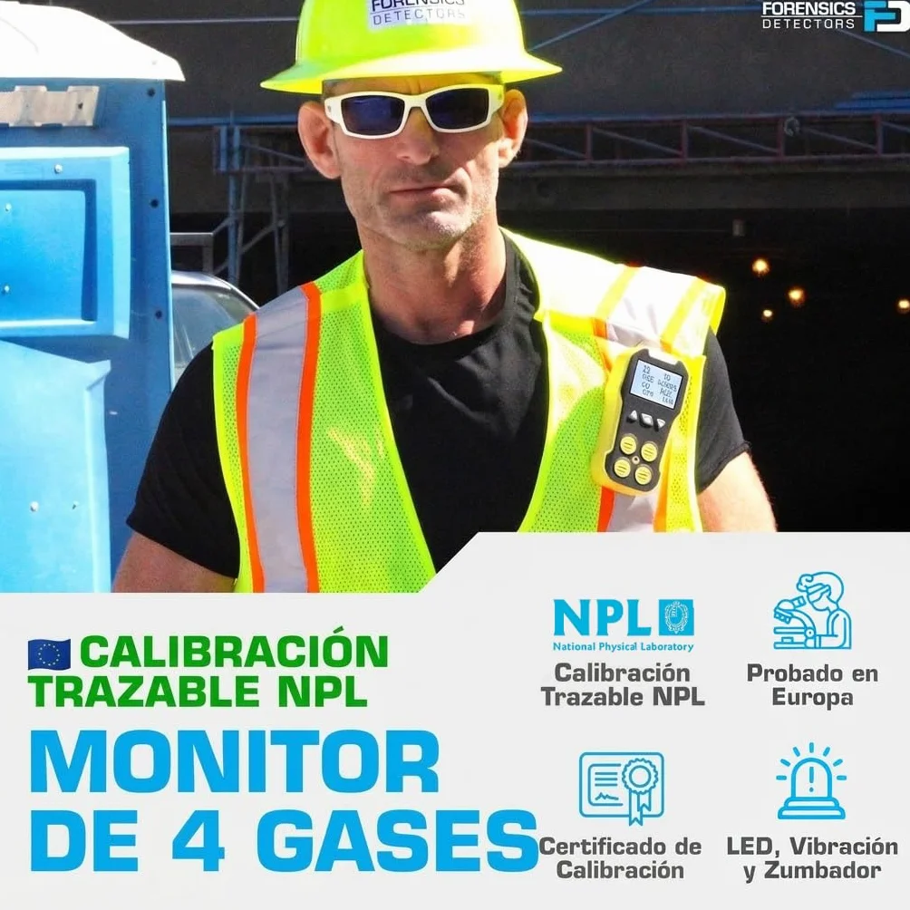 Detector de 4 Gases O2 CO H2S LEL Certificado de Calibración Recarga USB Alarmas Pantalla Grande