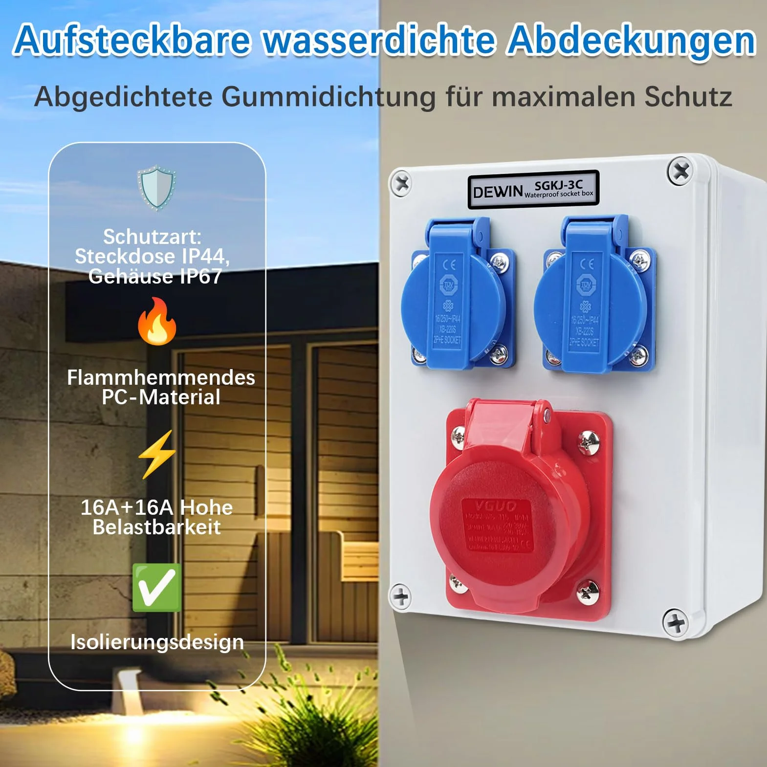 Distribuidor de Corriente de Pared, Enchufe Exterior Estanco 2x 220V Enchufes Schuko 16A+Enchufes CEE 16A 5P (3P+N+E) Caja Cuadro Electrico IP66 Impermeable para Construcción, Interiores y Exteriores