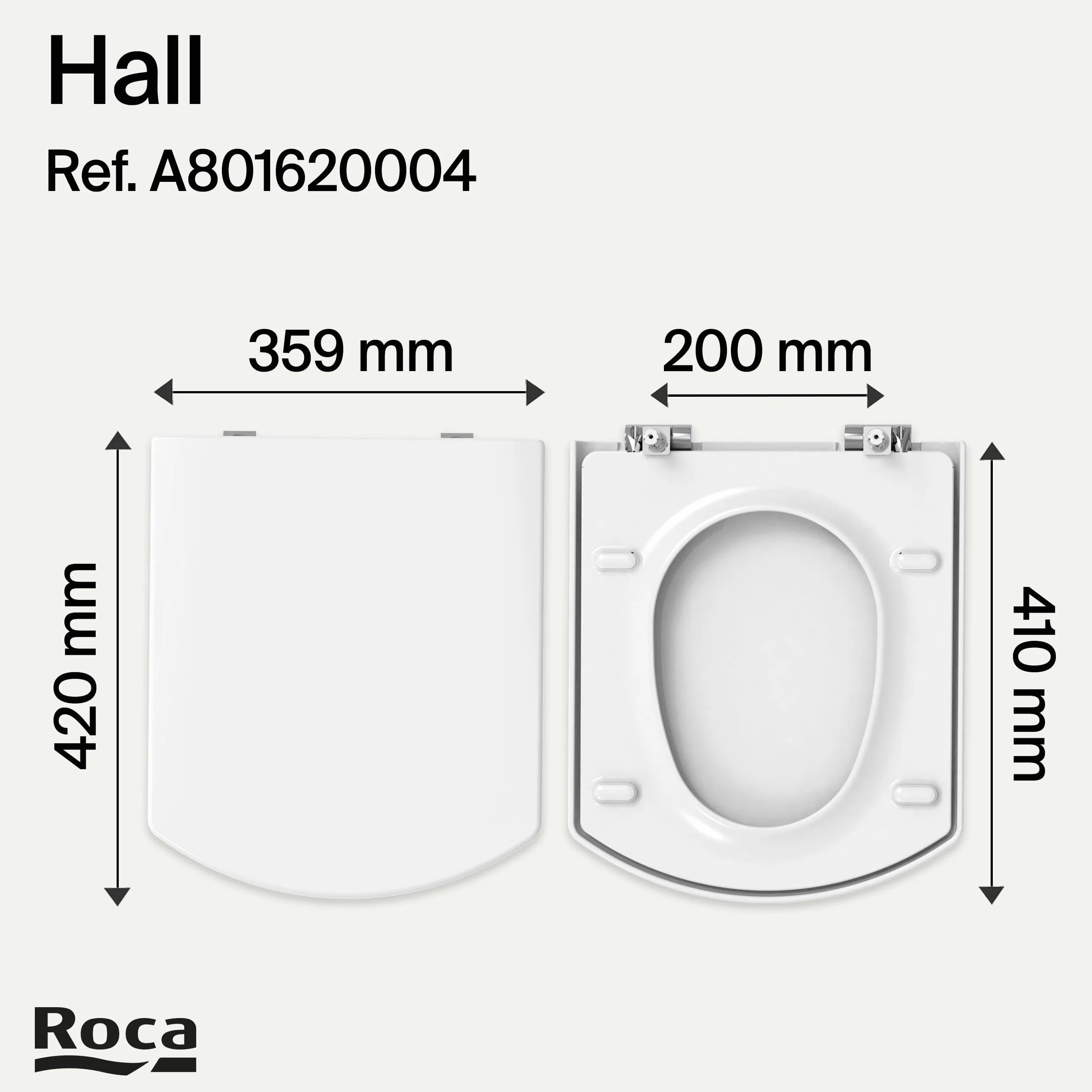 Roca Hall - Tapa y asiento para inodoro compacto con bisagras de acero inoxidable, tapadera de WC original con ajuste perfecto, recambio de tapa de váter resistente, blanco, A801620004