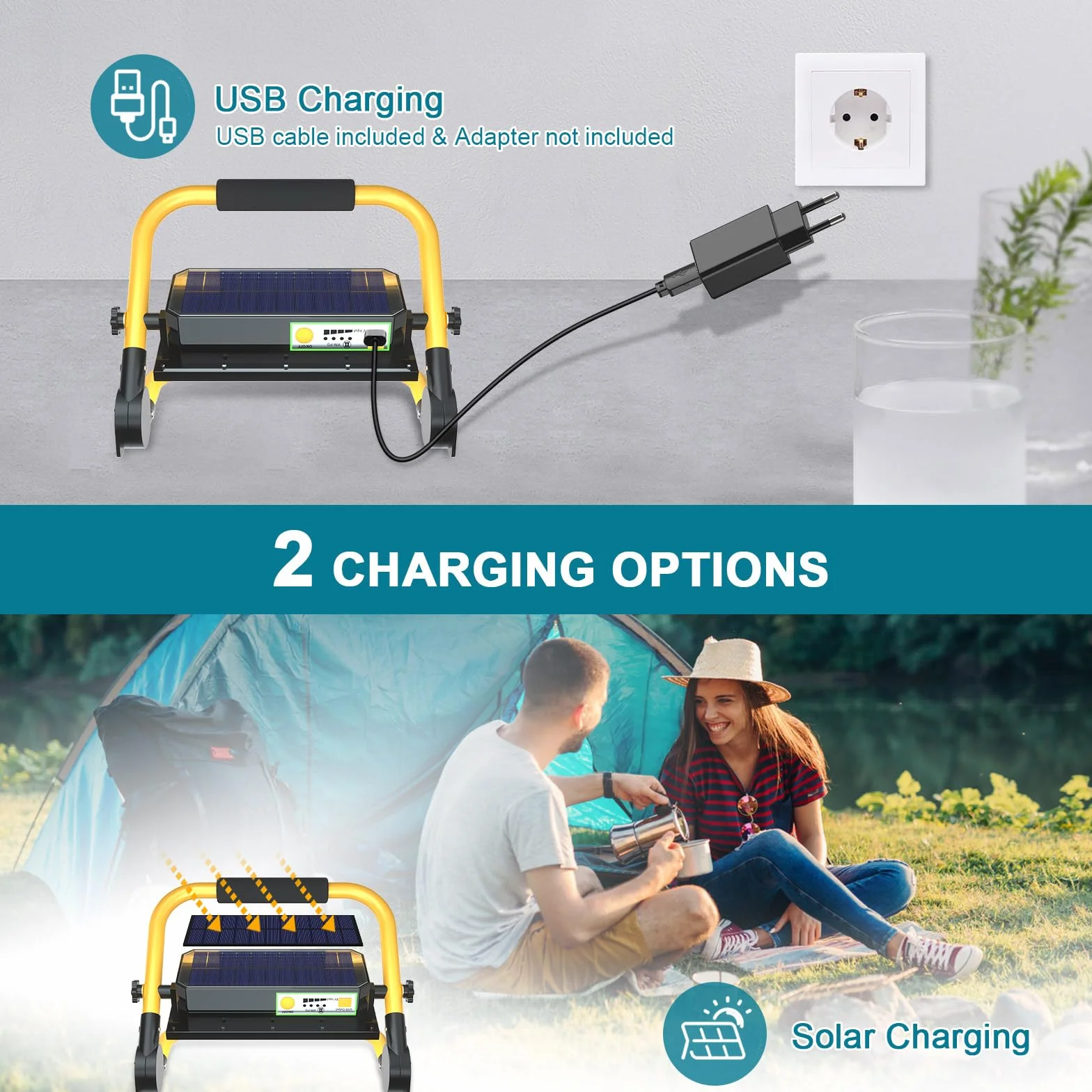 ERAY Foco LED Recargable, Foco LED Batería 13500mAh/8000 Lúmenes/4 Modos de Luz/Panel Solar/Mando a Distancia, Luz de Trabajo Portátil Recargable Ideal para Camping, Emergencia, Trabajo, Pesca