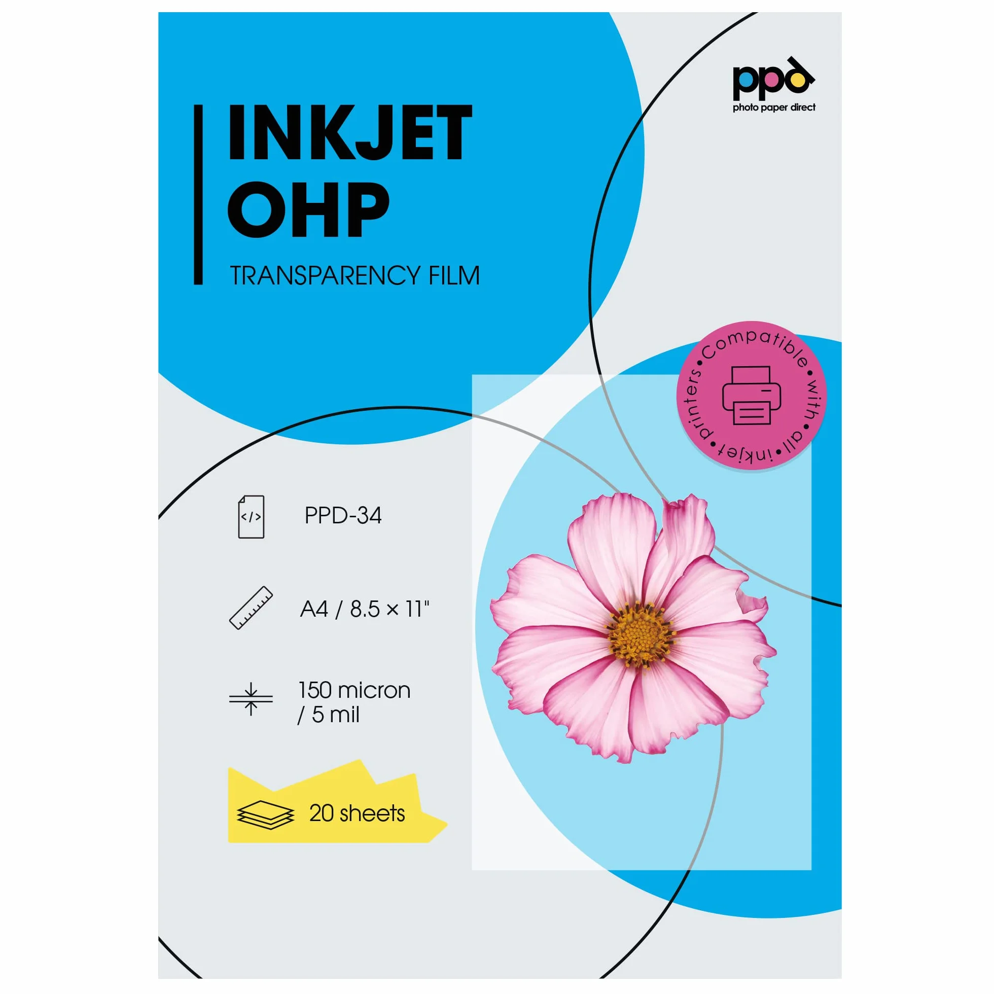 PPD Inkjet - A4 x 20 Hojas de Transparencias “OHP” Premium para Retroproyector - Láminas de Acetato Transparente - Para Impresión de Inyección de Tinta - PPD-34-20