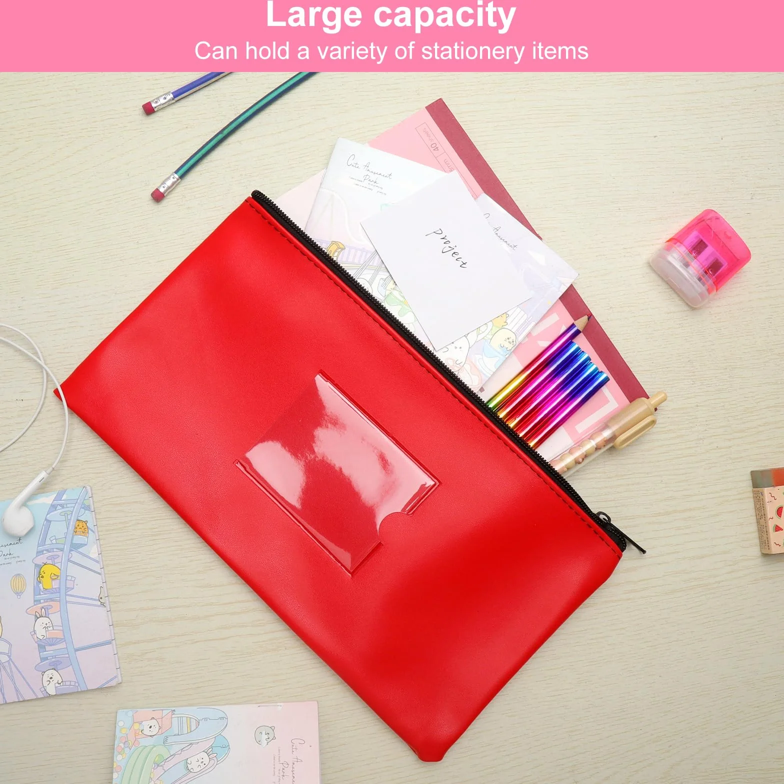Bolsa para Guardar Dinero con Cremallera 28x16cm PU Cuero Impermeable para Billetes y Pasaportes