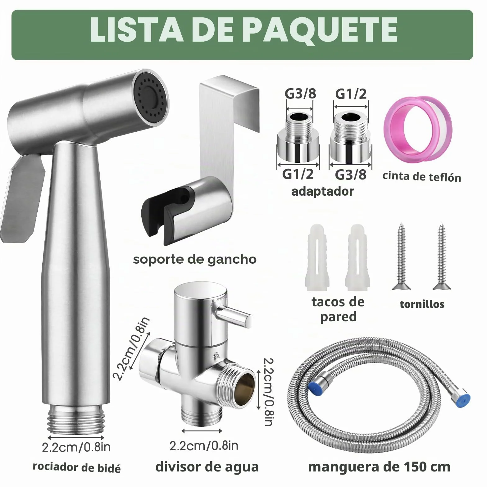 Alcachofa de mano para bidé de acero inoxidable ajustable G1/2"-3/8" para higiene íntima