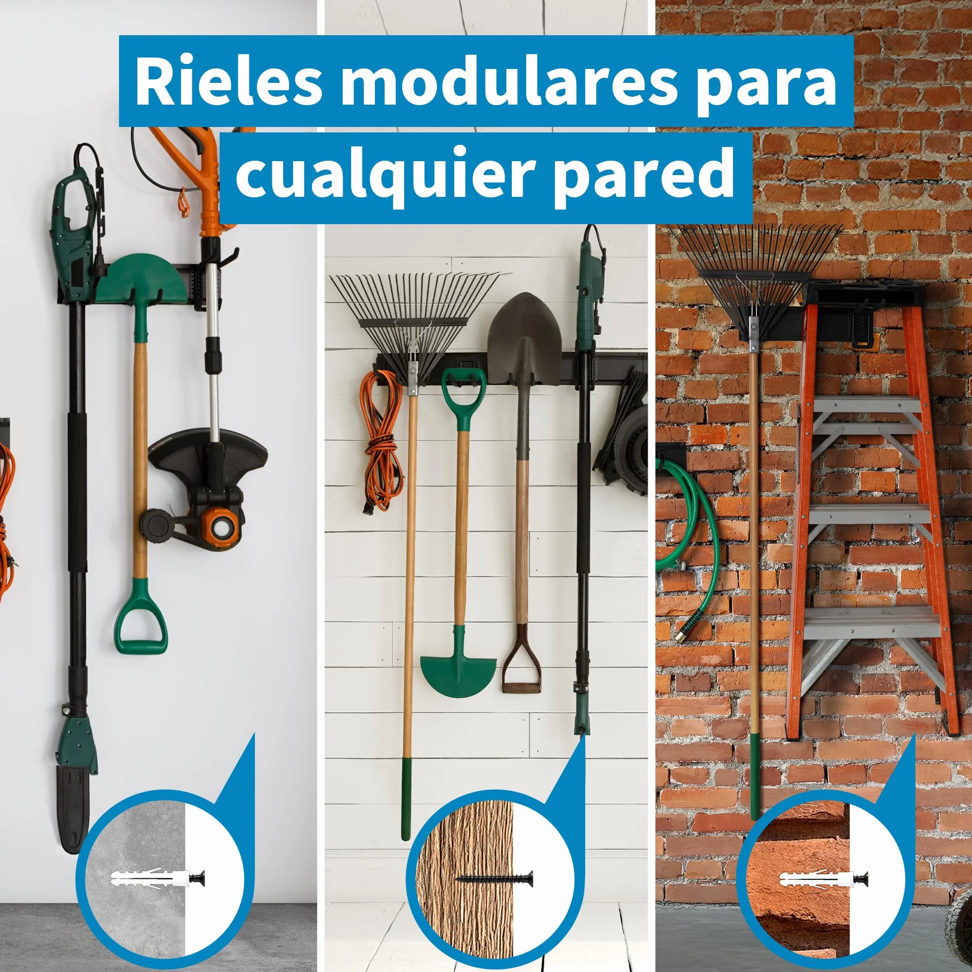 Precision Defined Almacenamiento de garaje, organización de garaje, organizador de herramientas de jardín de montaje en pared, ganchos ajustables de metal resistente, sistema de colgador de patio