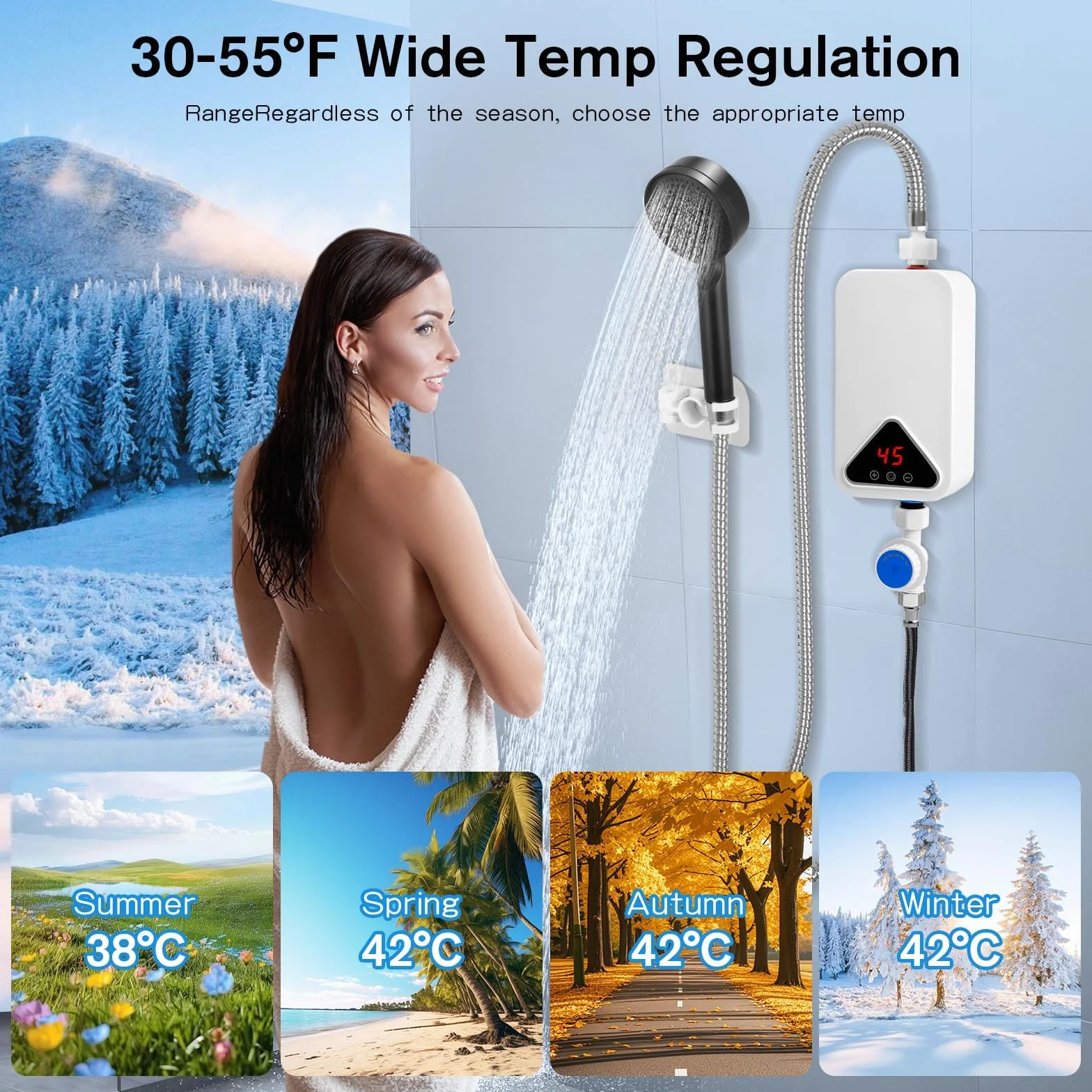 Calentador De Agua Eléctrico, Mini Calentador de Agua 220 V 5500 W, 30-55 °C, Temperatura Ajustable, Ducha de Calentador Instantáneo sin Tanque con Pantalla LED para Cocina y Baño (RYK-009)