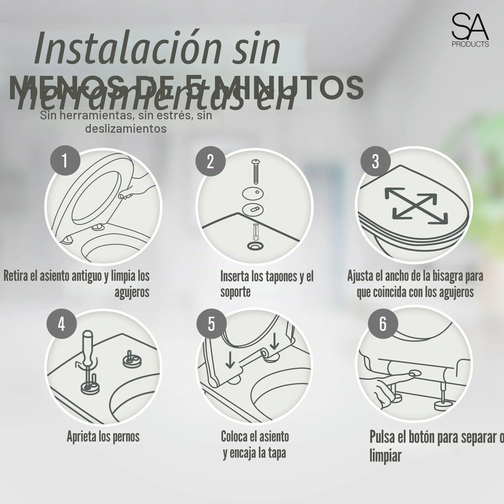 SA Products Tapa WC Universal Ovalada con Cierre Suave y Liberación Rápida, Asiento de Inodoro de Termoestable con Bisagras ABS y Tornillos, 44,1 x 36,5 x 5 cm, Blanco, Fácil Limpieza e Higiene