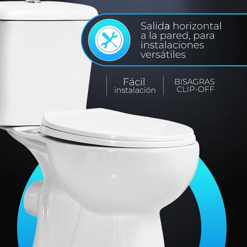 Inodoro Blanco, Wc Inodoro COMPLETO, Retrete para Hogar, Sistema ANTIBACTERIA, Tapa Dura Extrafina AMORTIGUADA, Salida Horizontal