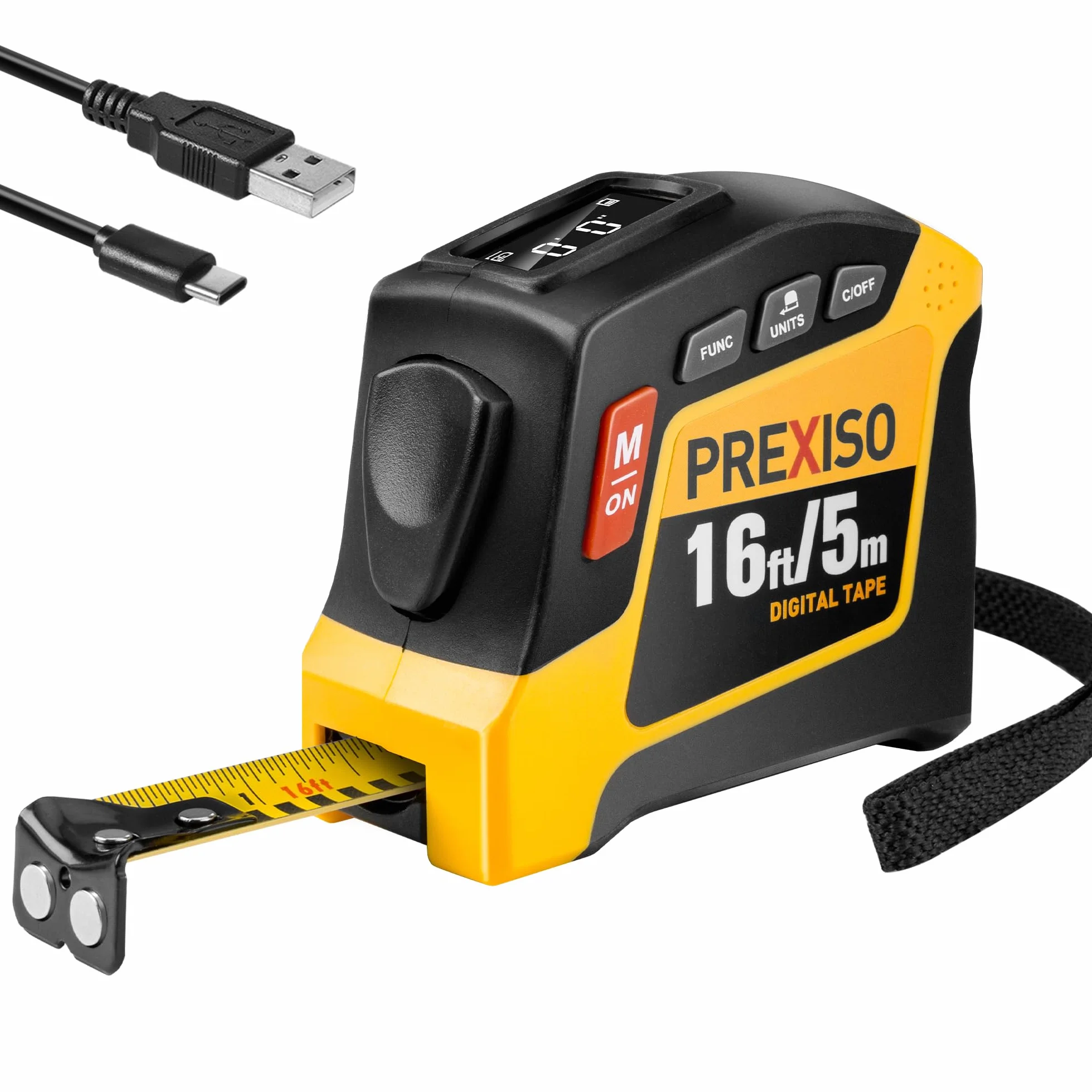 PREXISO Cinta métrica digital 2 en 1 – Cinta métrica recargable de 16 pies + pulgadas / M/CM/MM - Herramienta de cinta métrica y retráctil en pulgadas con bloqueo automático y punta magnética