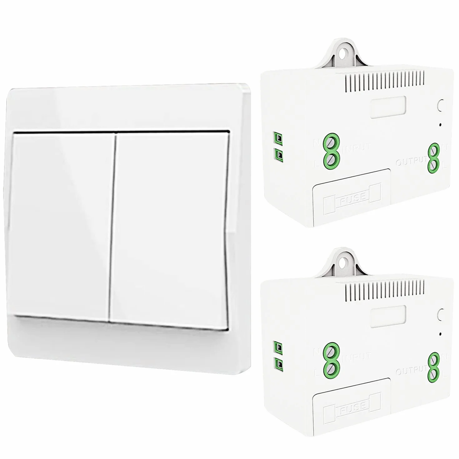 DieseRC Interruptor de luz inalámbrico autogenerado, interruptor de radiofrecuencia y receptor de relé, controlador con fusible, interruptor cinético sin batería (Kit 1 via 2 llaves)