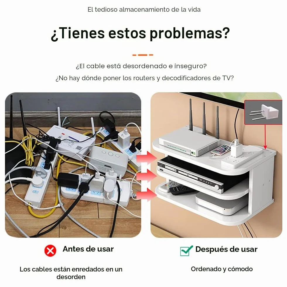 Estante de Pared para Router WiFi y Decodificador, 3 Niveles, Blanco | Madera maciza de 12 mm, diseño abierto y 3 niveles; permite organizar cables, no bloquea la señal y es fácil de limpiar.