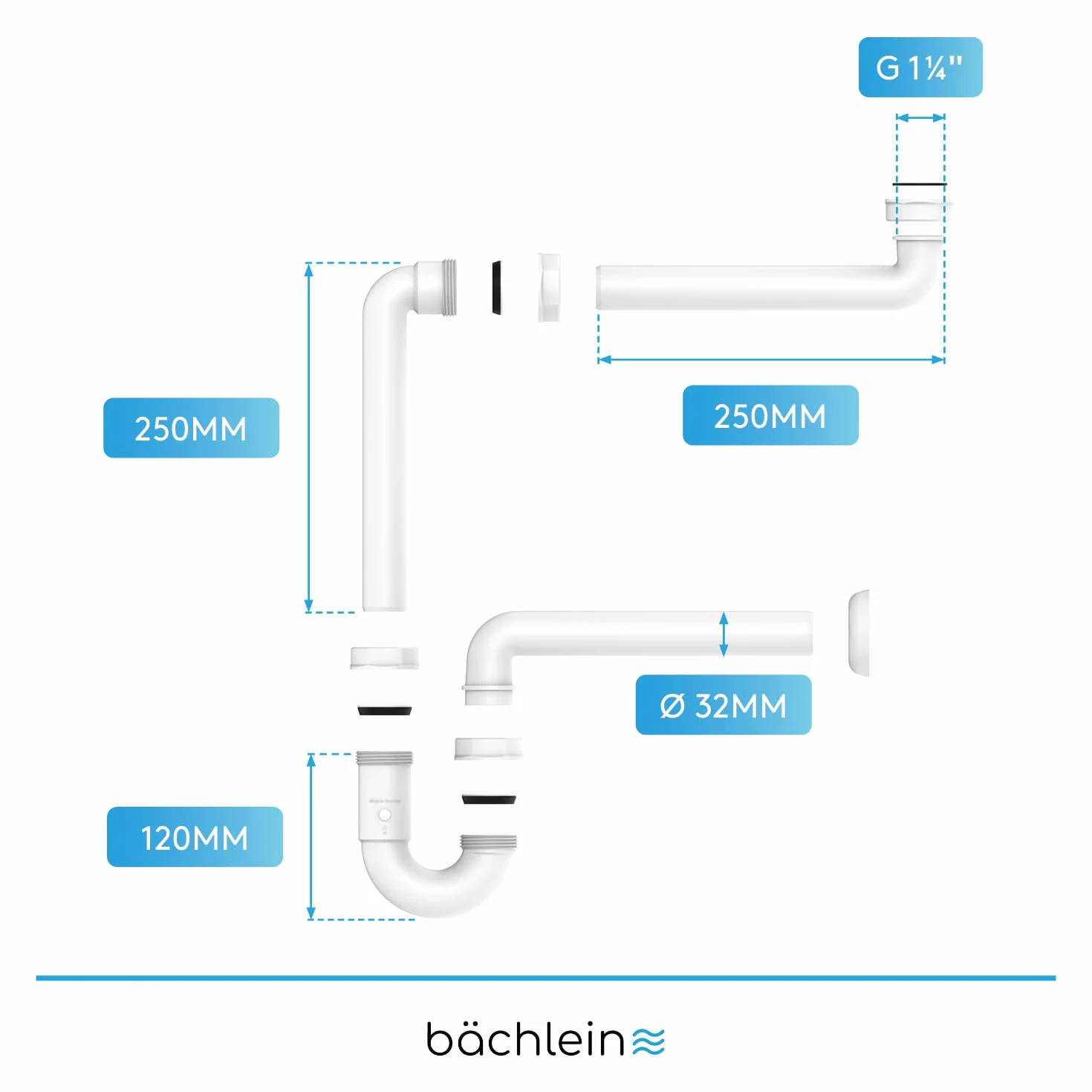 Bächlein G 1 1/4 Sifón de Lavabo Plano 32 mm para Baño - Ahorro de Espacio - Hecho en Alemania