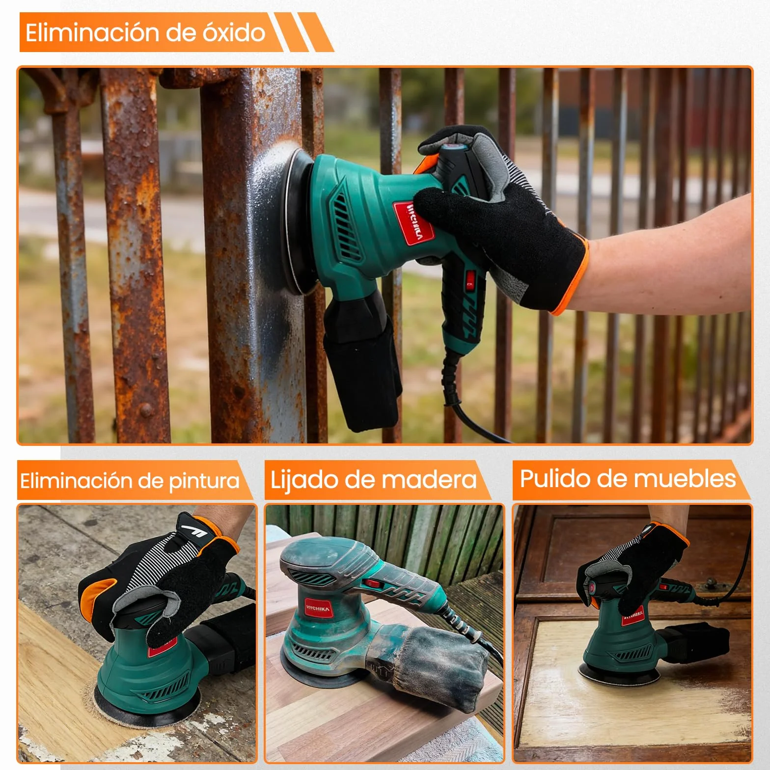 HYCHIKA Lijadora Orbital, 300W Motor Cobre Puro, 6 Velocidades 6000-13000 OPM, Bajo Ruido, Bolsa de Polvo Extraíble, Incluye 12 Discos de Lijado para Madera, Suelos y Pintura