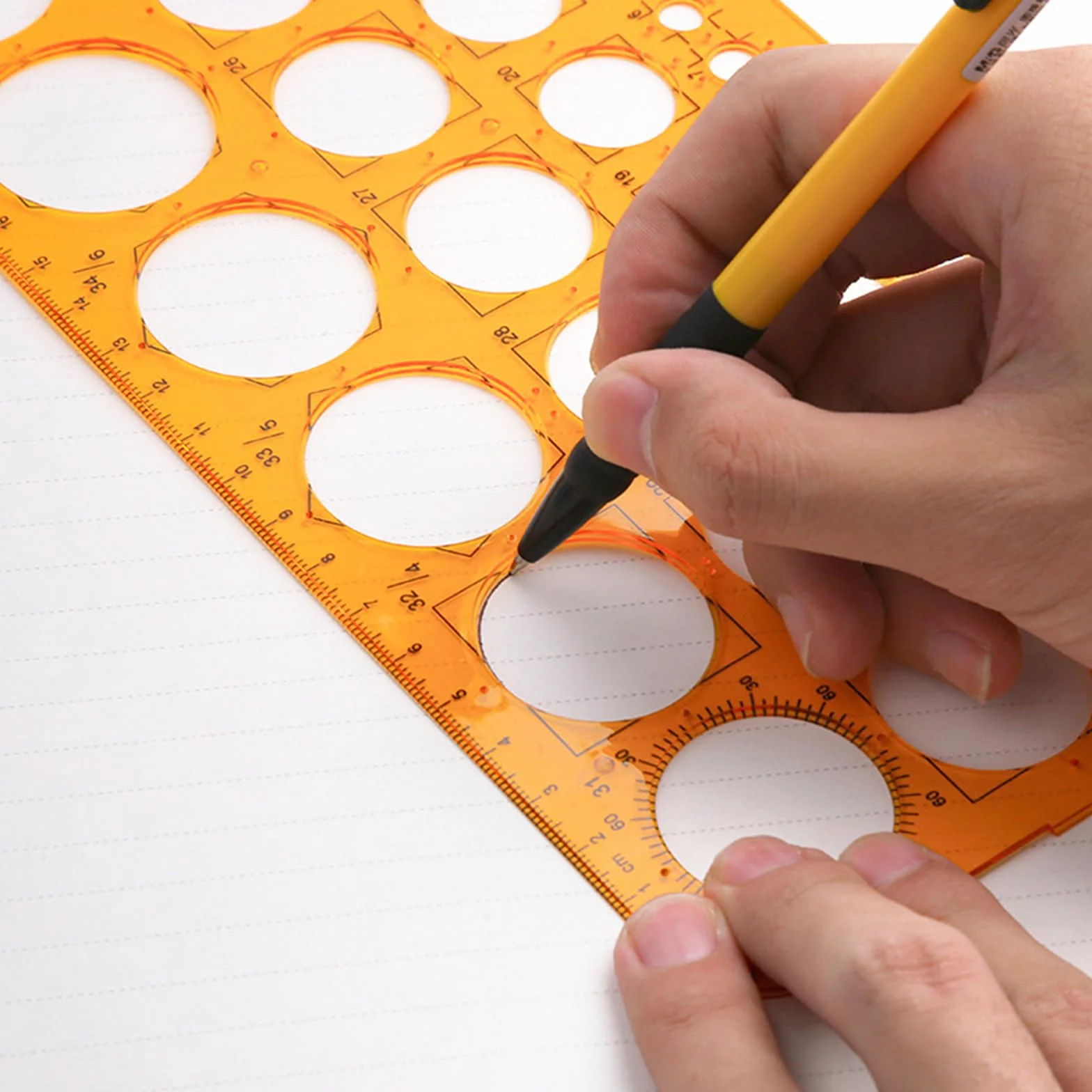 Plantilla circular de plástico, regla para dibujar con 36 círculos, naranja