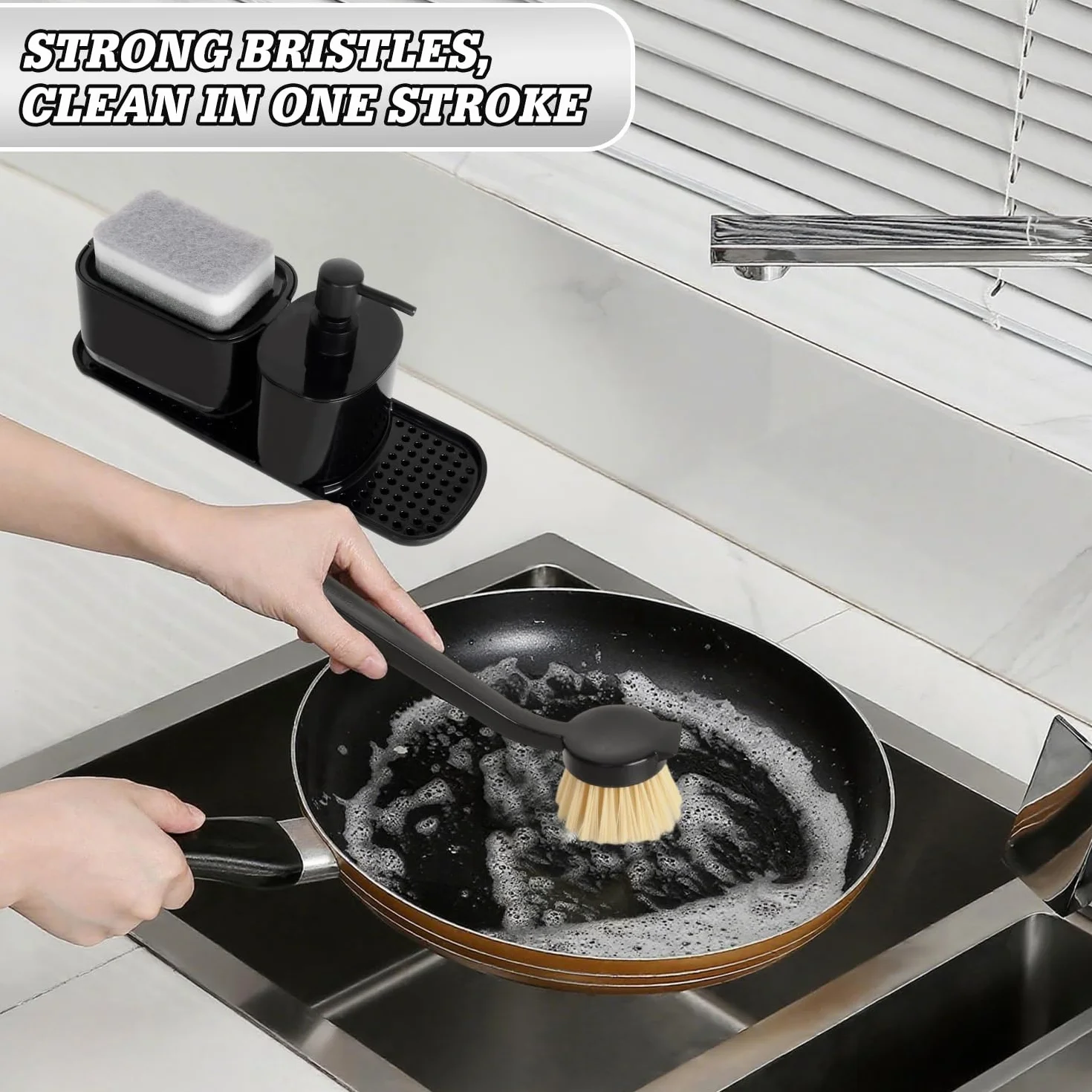 Dosificador Jabón Cocina Negro con Trapo, Cepillos y Esponja, Organizador Fregadero Detergente Recargable