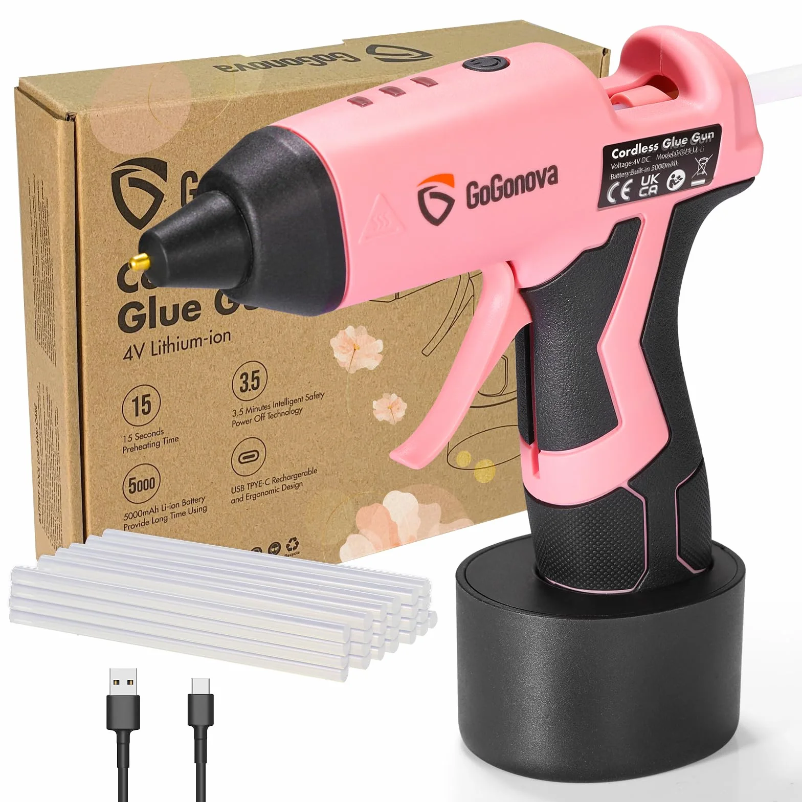 GoGonova Pistola de pegamento caliente inalámbrica 4V GT01002131 Rosa, Inalámbrica, 5W, 4V DC, 5Ah, 15s, 180min, USB Type-C, 25 barras de pegamento, Papel, Algodón, Plástico